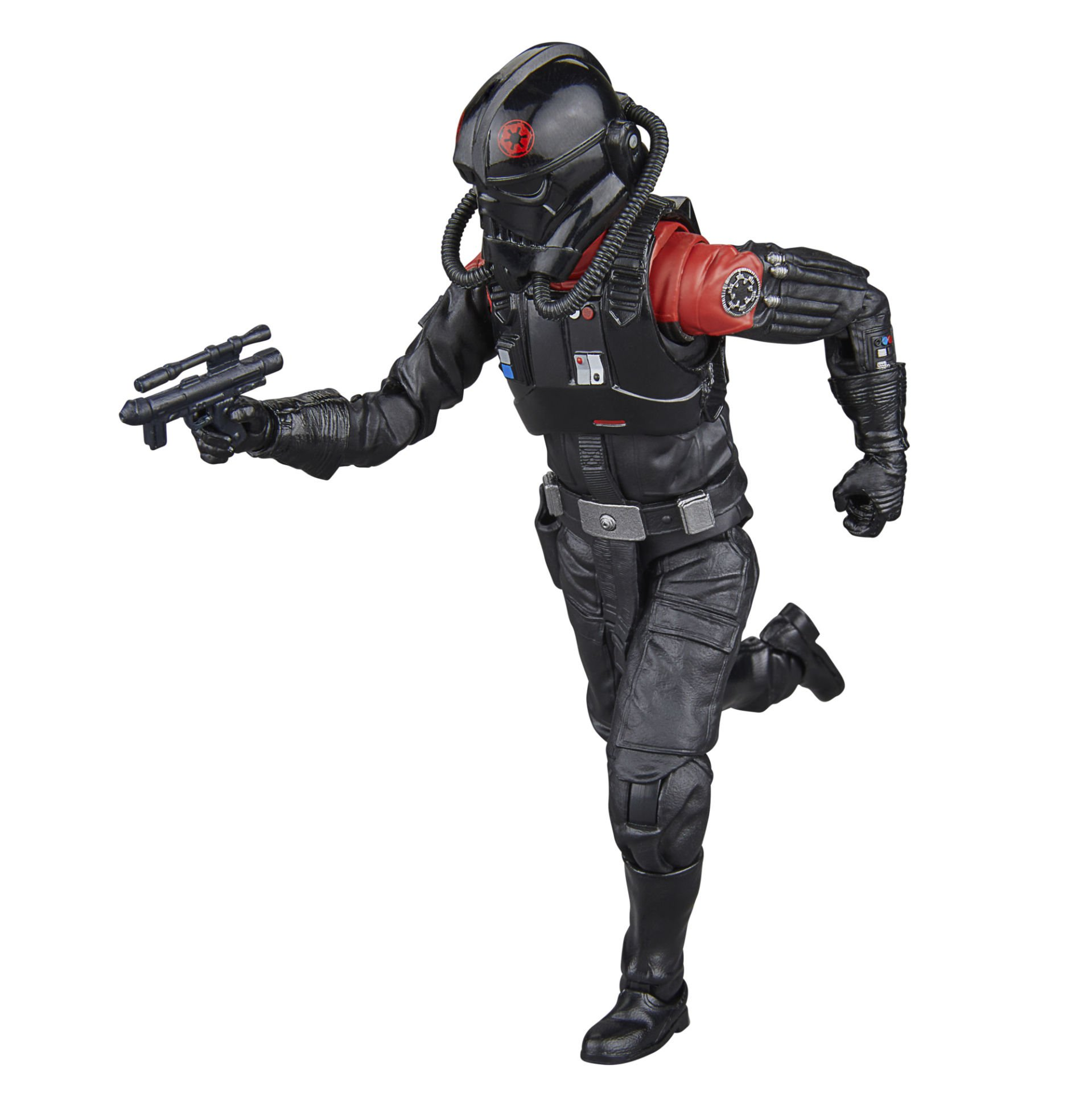 Siyah üniformalı, blaster tutan, koşu pozisyonunda bir Star Wars TIE savaş pilotu figürü. Kolunda ve kaskında kırmızı detaylar.