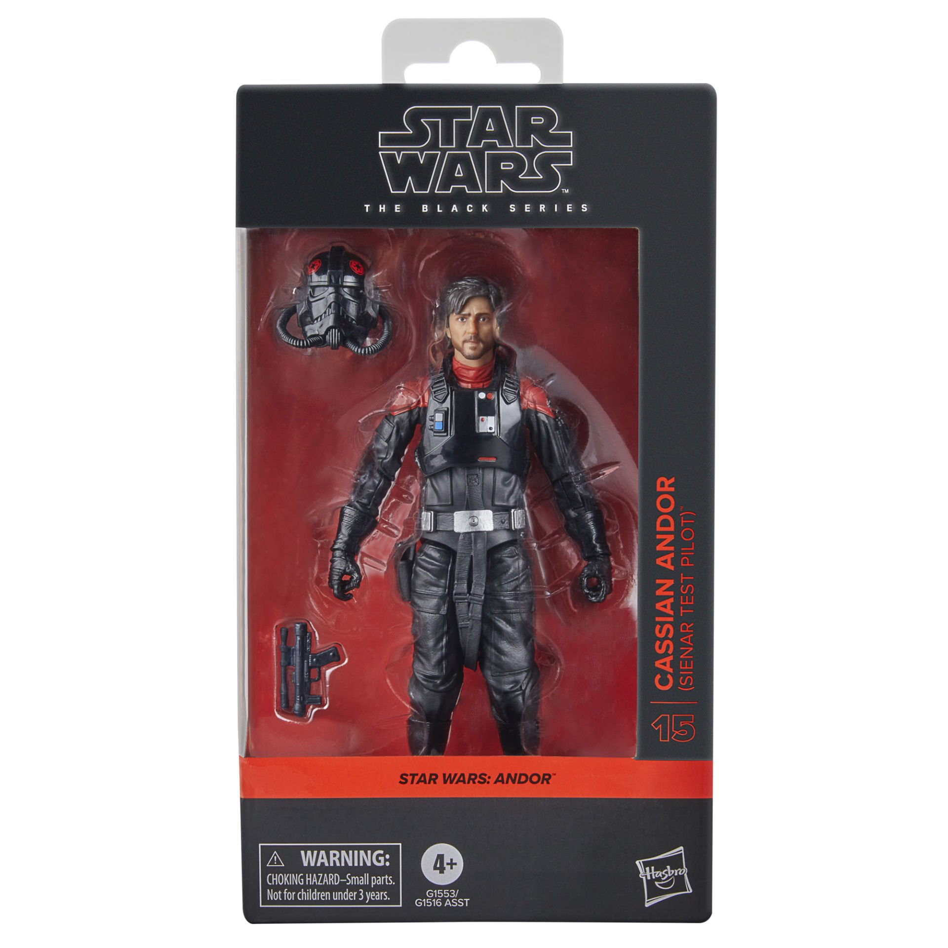 Siyah ve kırmızı üniformalı Cassian Andor'un Star Wars aksiyon figürü, siyah bir kutuda paketlenmiş.