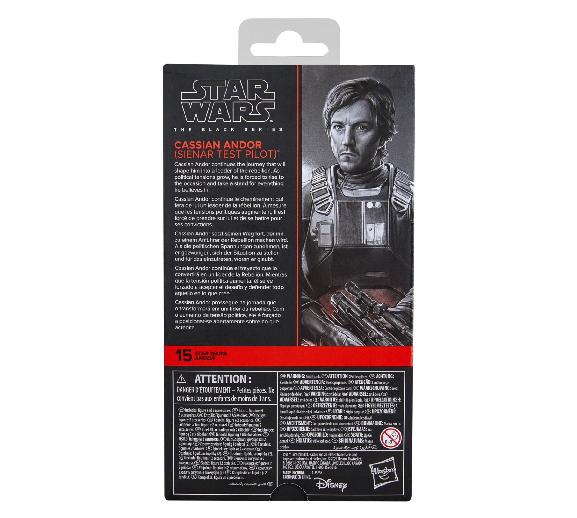 Cassian Andor kutusu. Karakterin resmi, açıklama metni ve Star Wars logosu.