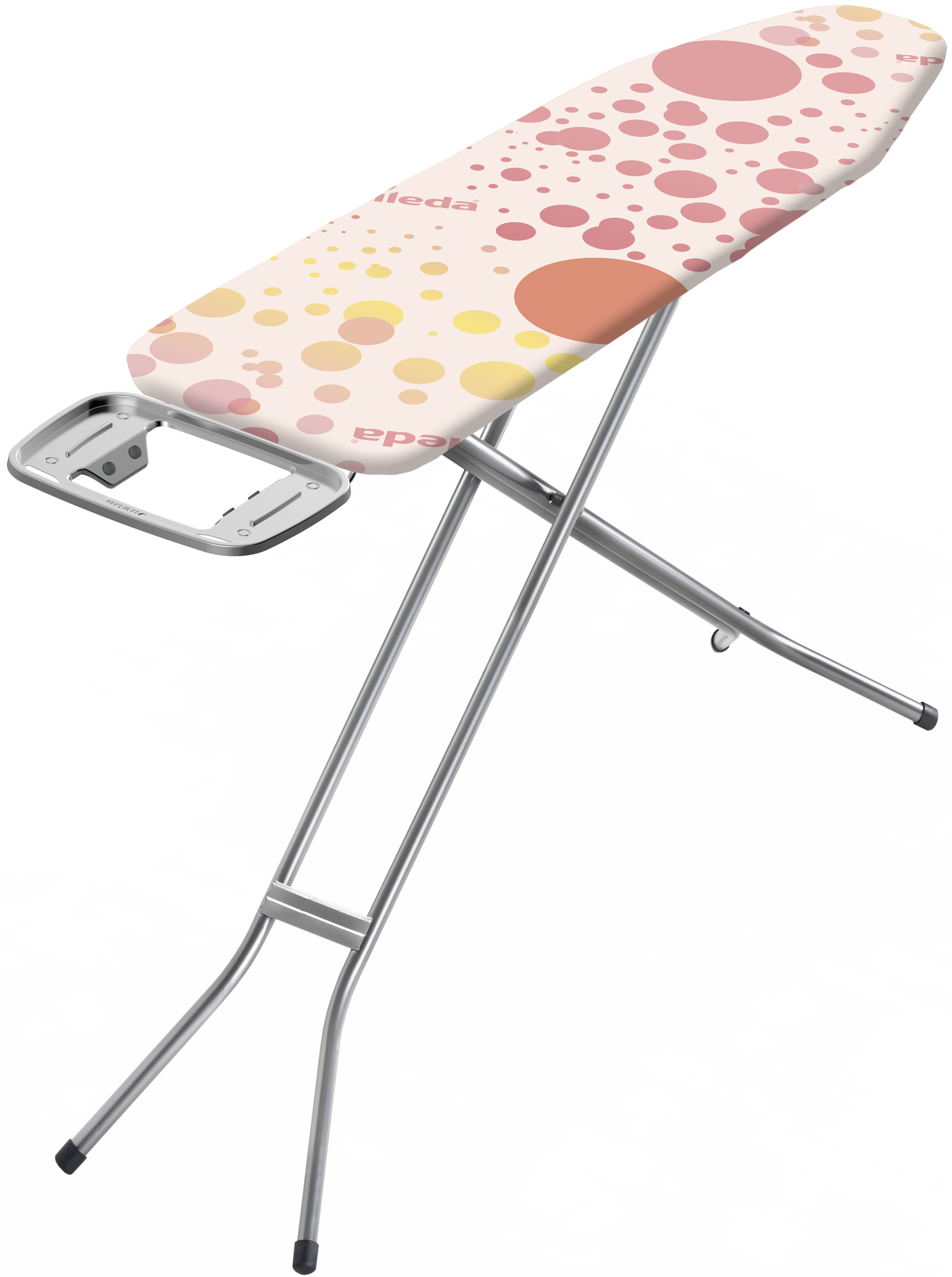 Una tabla de planchar con una funda estampada. Tiene un marco y patas plateadas. La funda tiene puntos rosas, amarillos y naranjas.