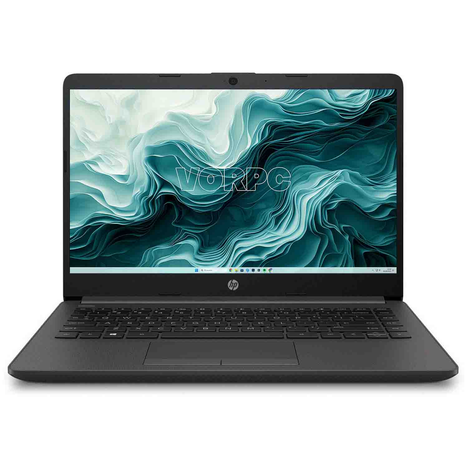 Una laptop HP negra está abierta. La pantalla muestra un diseño abstracto ondulado en tonos azules y verdes. El teclado es visible.