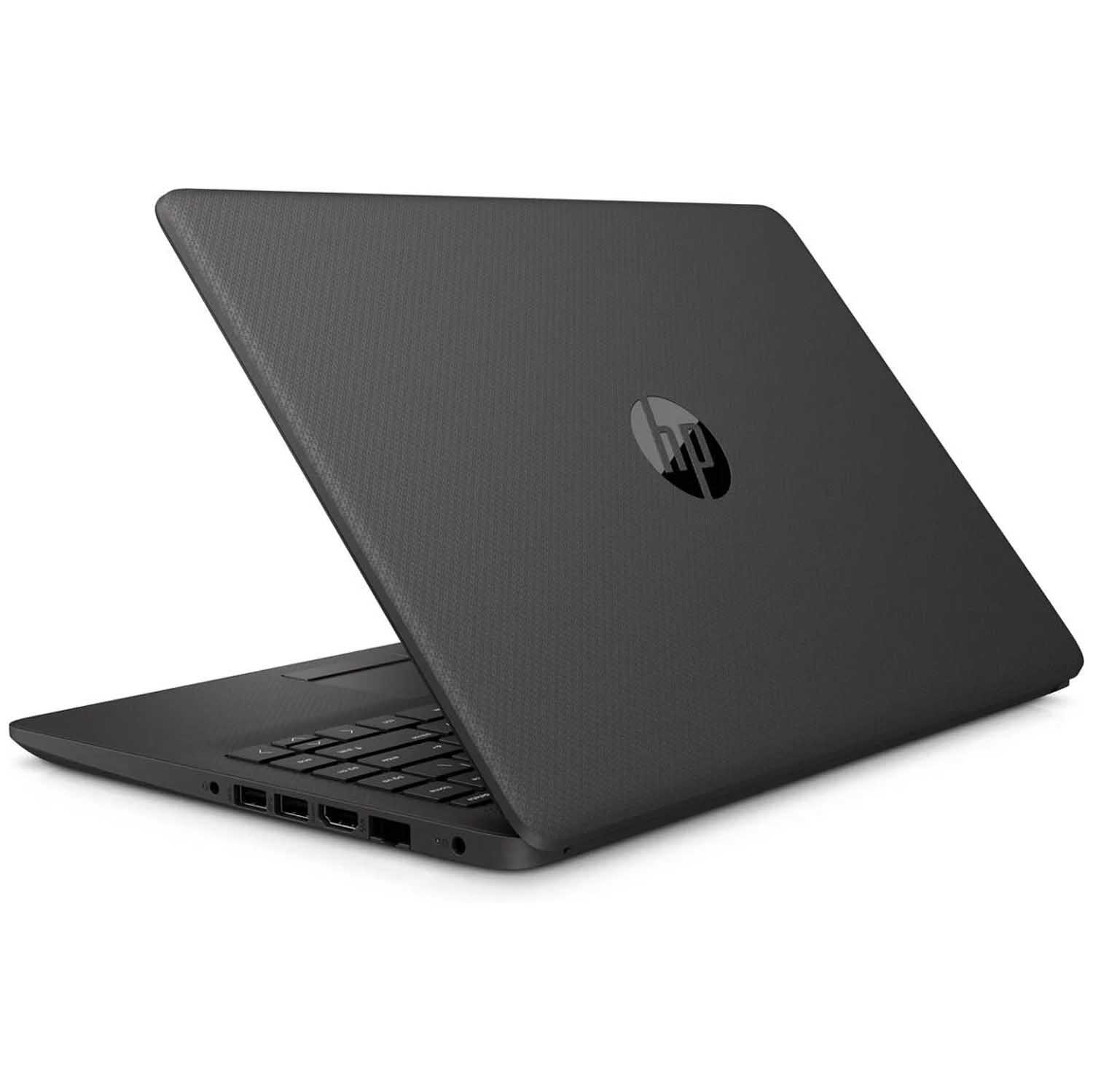 Una laptop HP gris oscuro está abierta. La pantalla está ligeramente abierta, revelando el teclado. El logotipo de HP está en la tapa. El fondo es blanco.