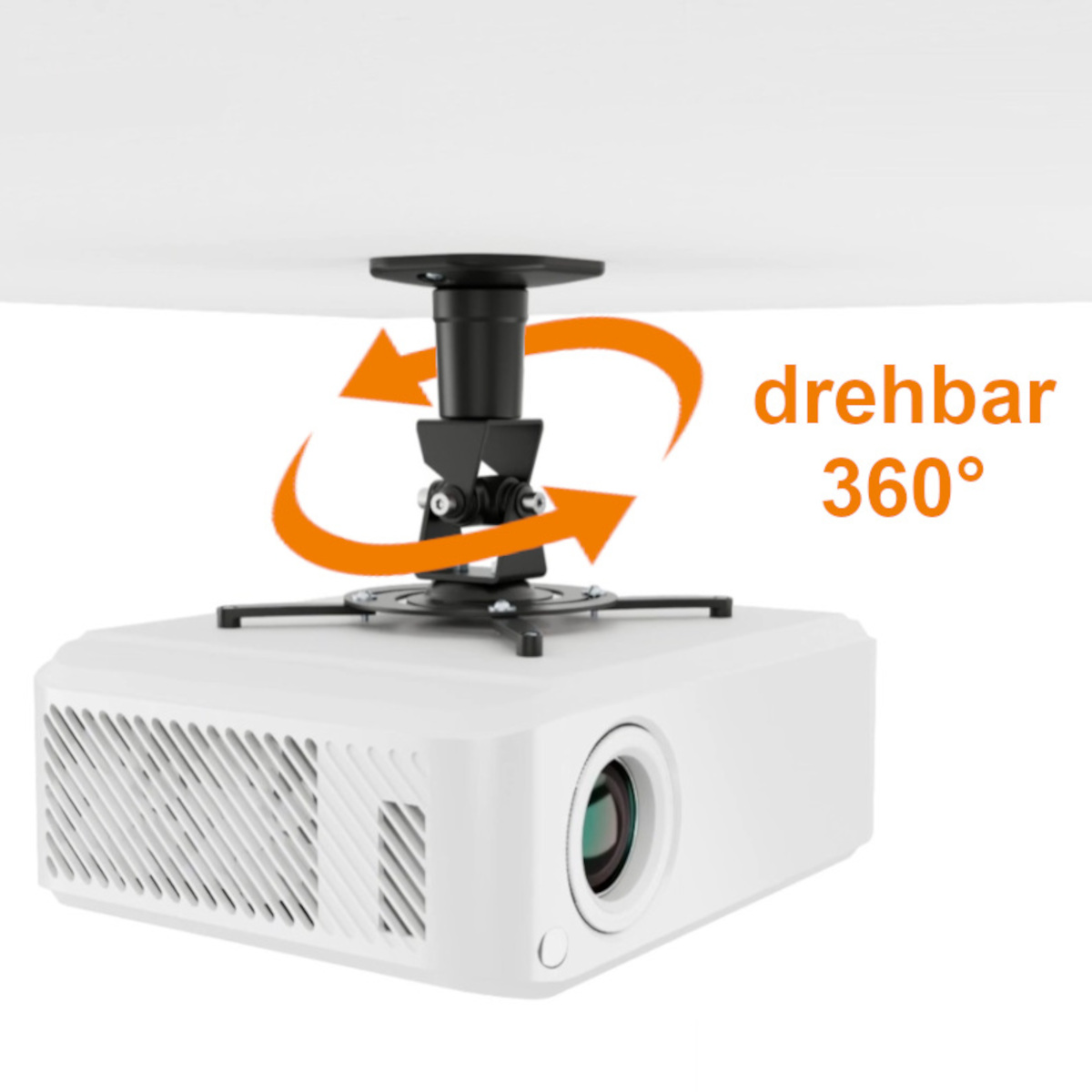 Ein weißer Projektor ist an der Decke montiert. Ein orangefarbener Pfeil zeigt eine 360-Grad-Drehung an. Der Text 'drehbar 360°' ist sichtbar.