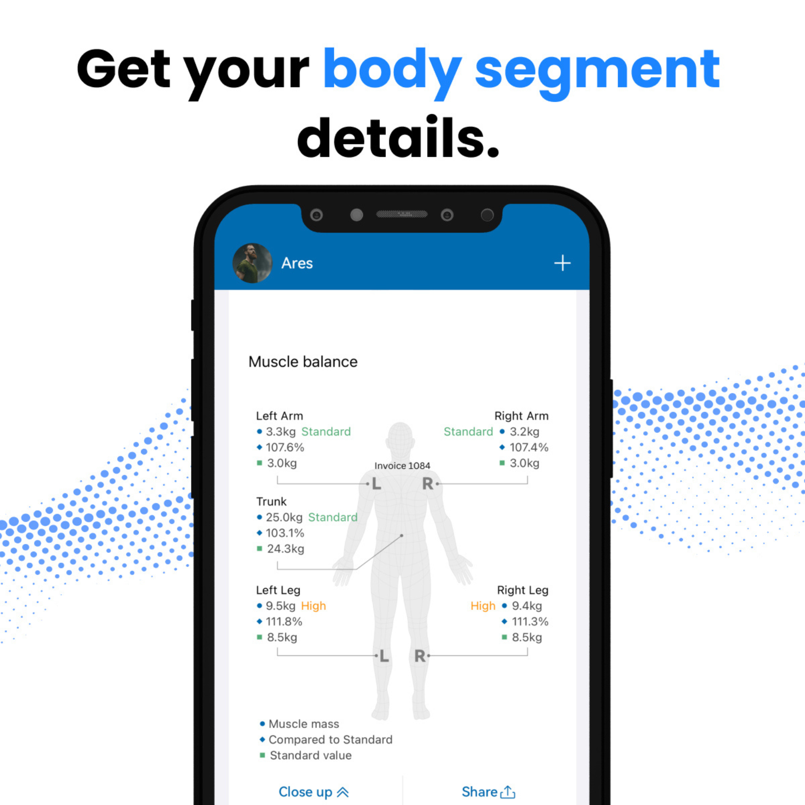 App-Bildschirm mit Muskelbilanz. Zeigt Messungen von linkem und rechtem Arm, Rumpf und Bein mit numerischen Daten.