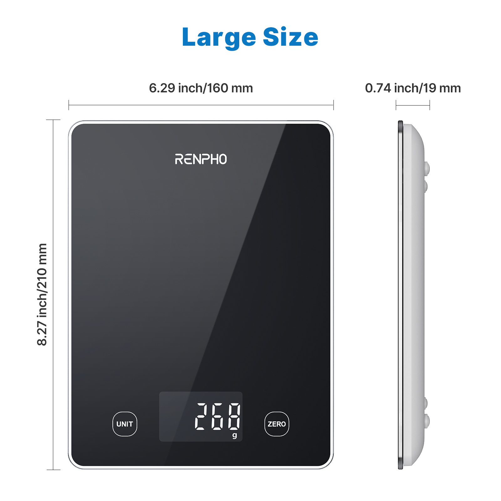 Een zwarte RENPHO weegschaal met een digitale display met 268g. Afmetingen worden naast de weegschaal weergegeven.