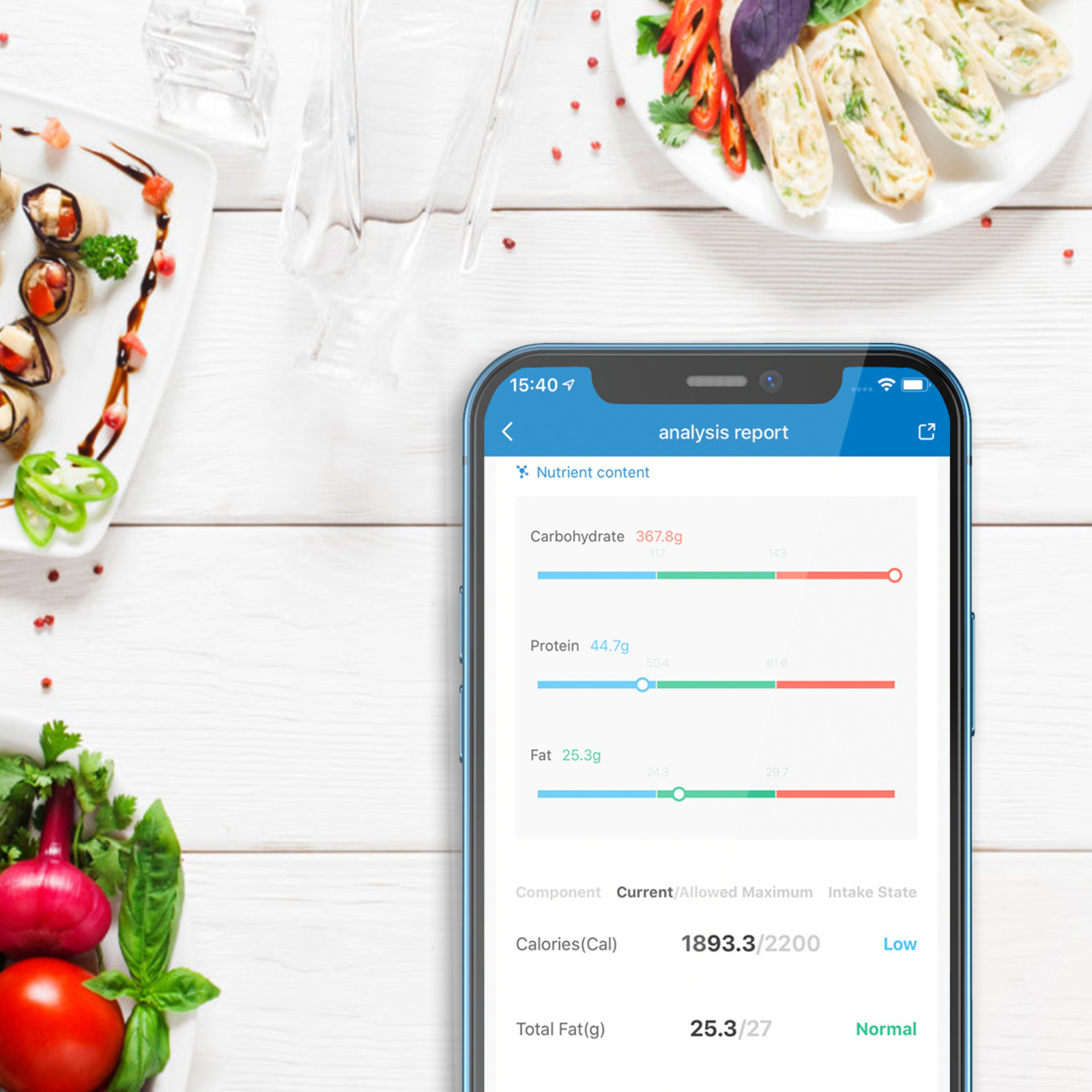 Een telefoon toont een voedingsanalyse rapport. Borden met eten staan op een witte houten tafel.