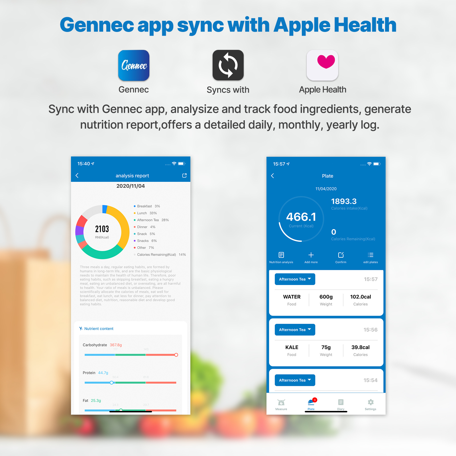 App-interface met voedingsgegevens, grafieken en voedselregistraties met het Gennec-app-logo en het Apple Health-logo.