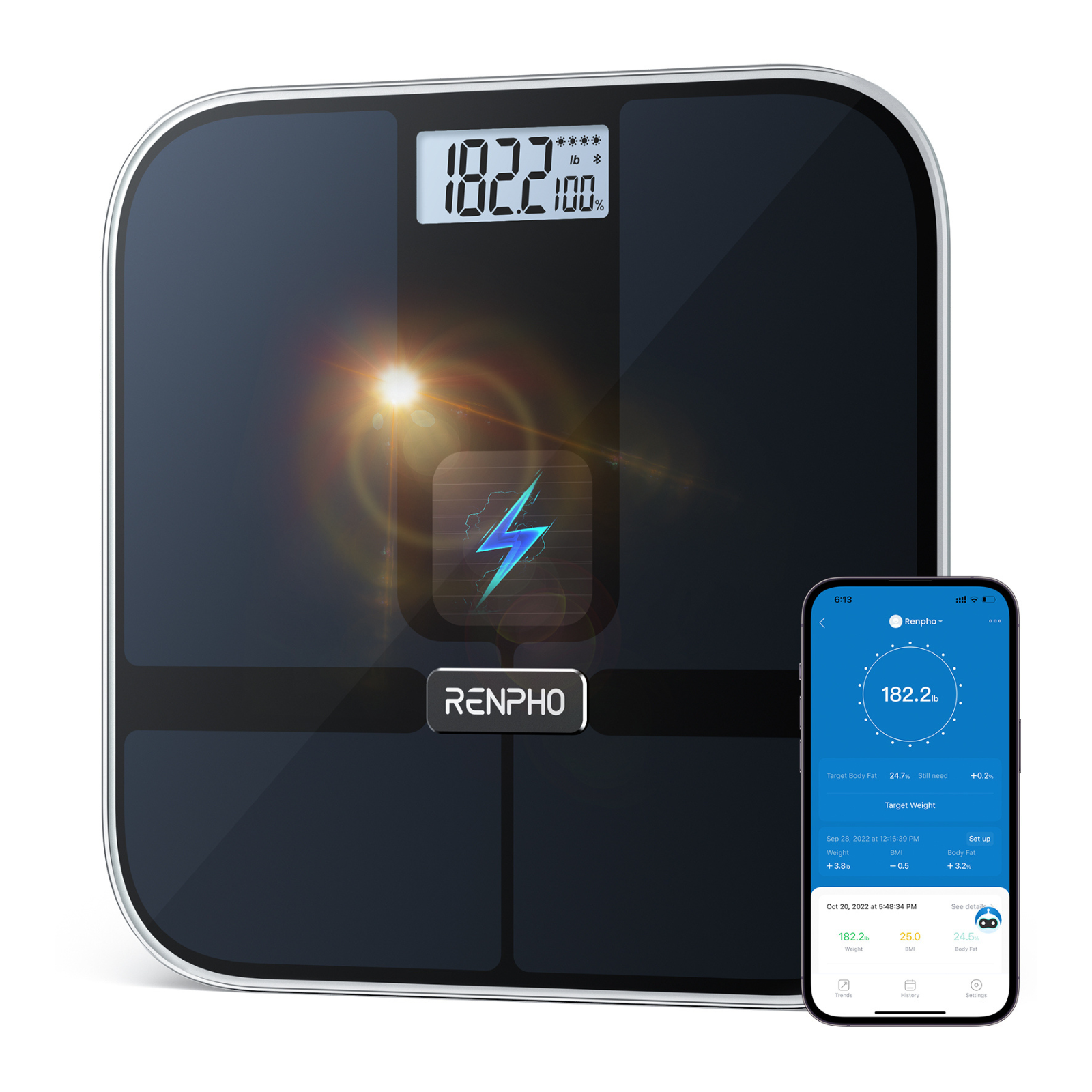Een digitale weegschaal geeft 182,2 lbs weer. Een smartphone toont hetzelfde gewicht en vetpercentage.
