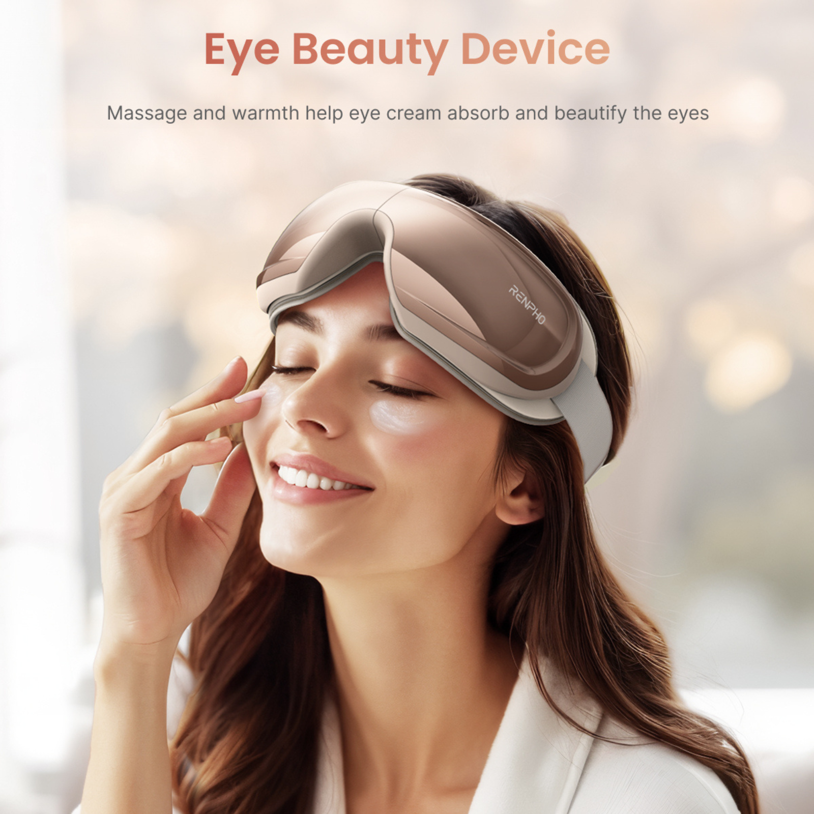 Eine Frau mit einem Augen-Schönheitsgerät trägt Creme auf. Text sagt 'Eye Beauty Device' und 'RENPHO'.