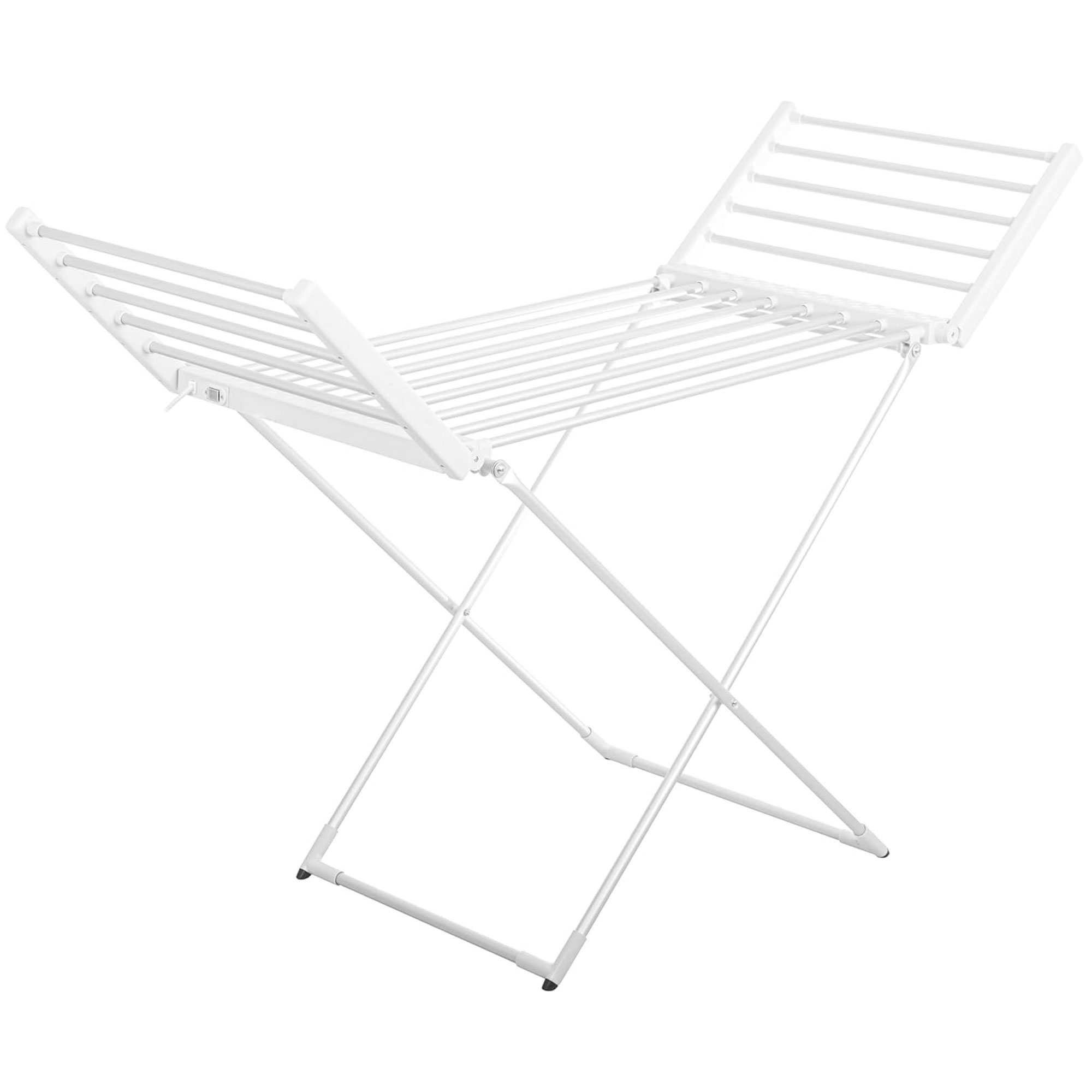 Se muestra un tendedero blanco y plegable. Está abierto, con las alas extendidas. El fondo es blanco.