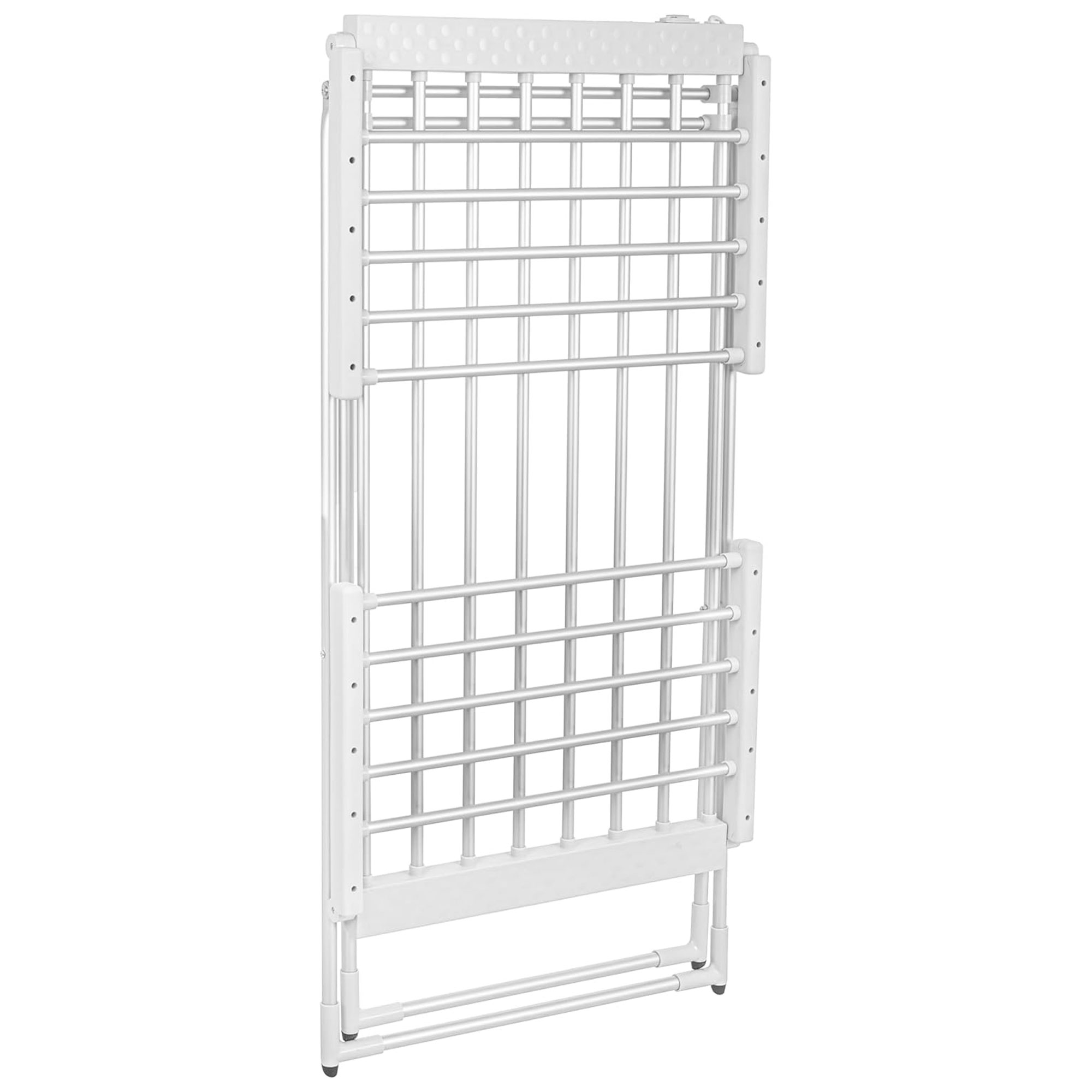 Un tendedero blanco y plegable se encuentra sobre un fondo blanco. Tiene varias barras horizontales para colgar la ropa.