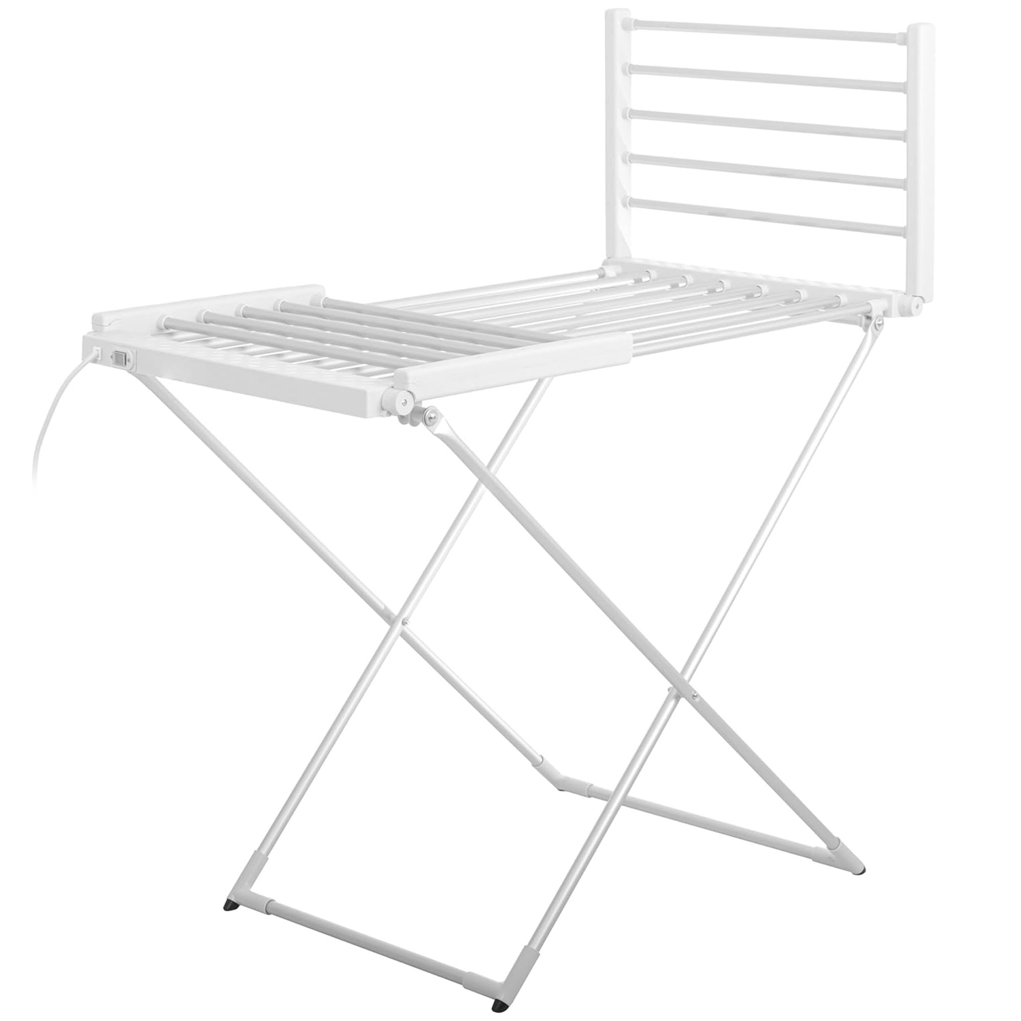Un tendedero blanco y plegable. Tiene barras horizontales y una sección vertical para colgar prendas.