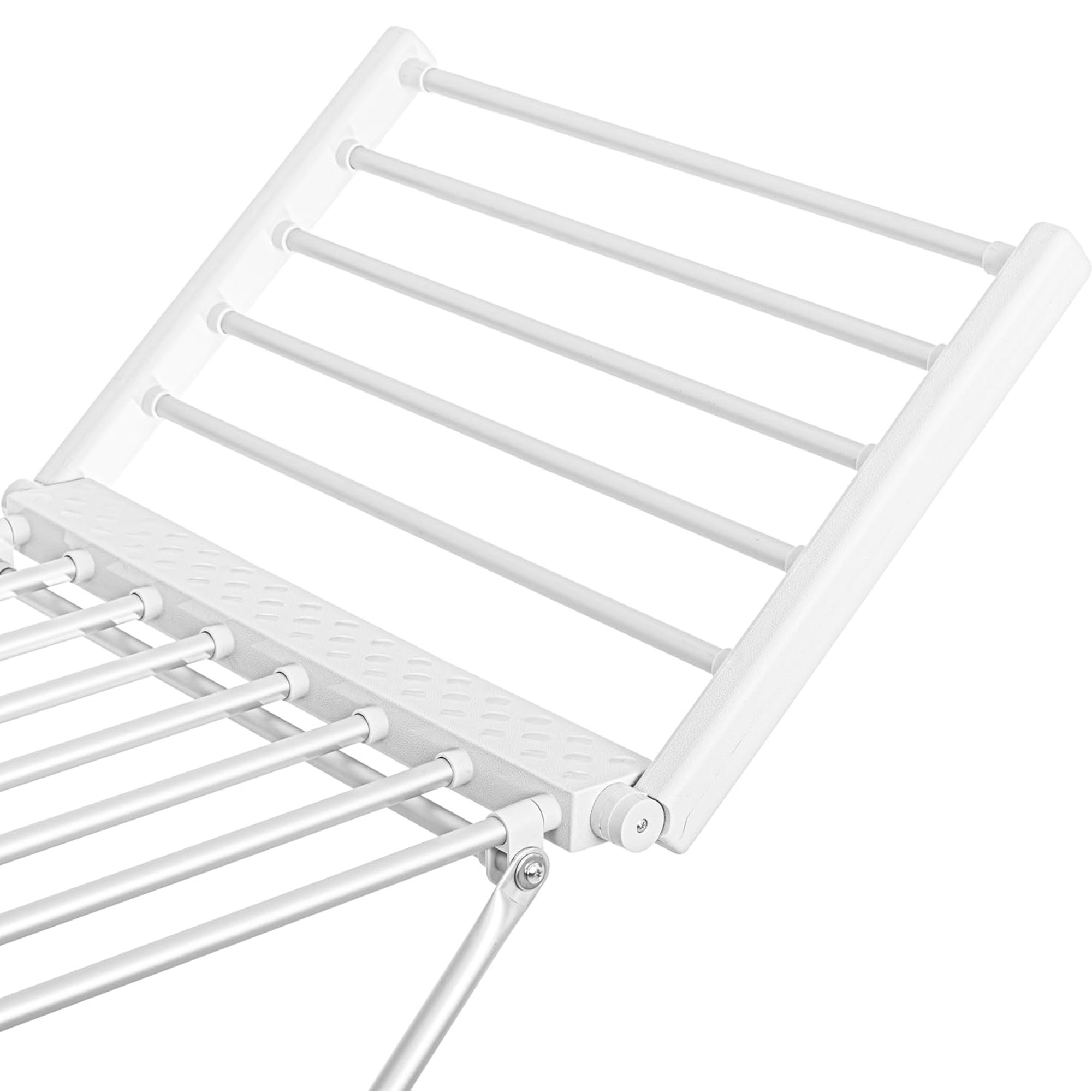 Un tendedero blanco está parcialmente abierto, con varias barras paralelas para colgar la ropa.
