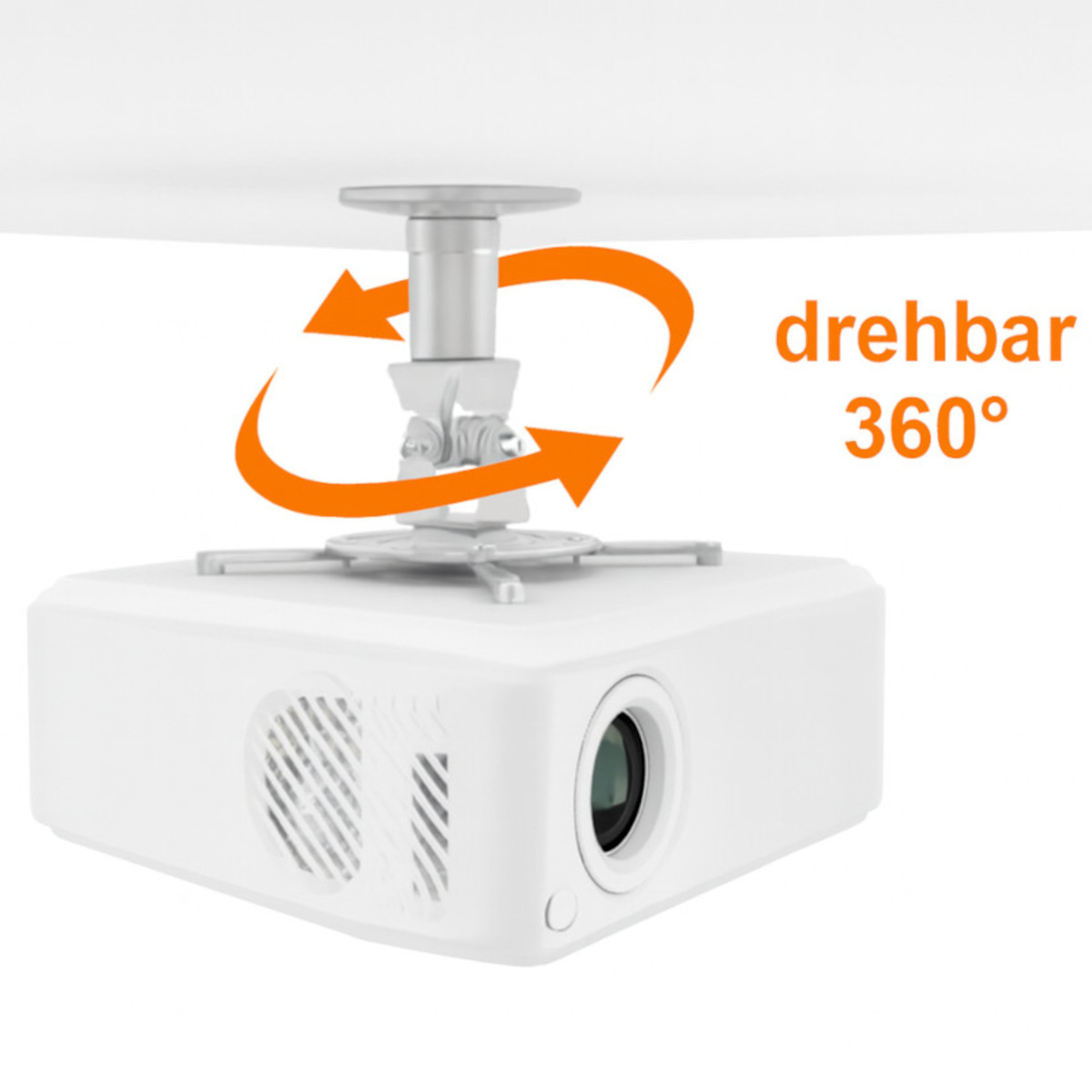 Ein weißer Projektor ist an einer Deckenhalterung montiert. Orangefarbene Pfeile zeigen eine 360-Grad-Drehung an.