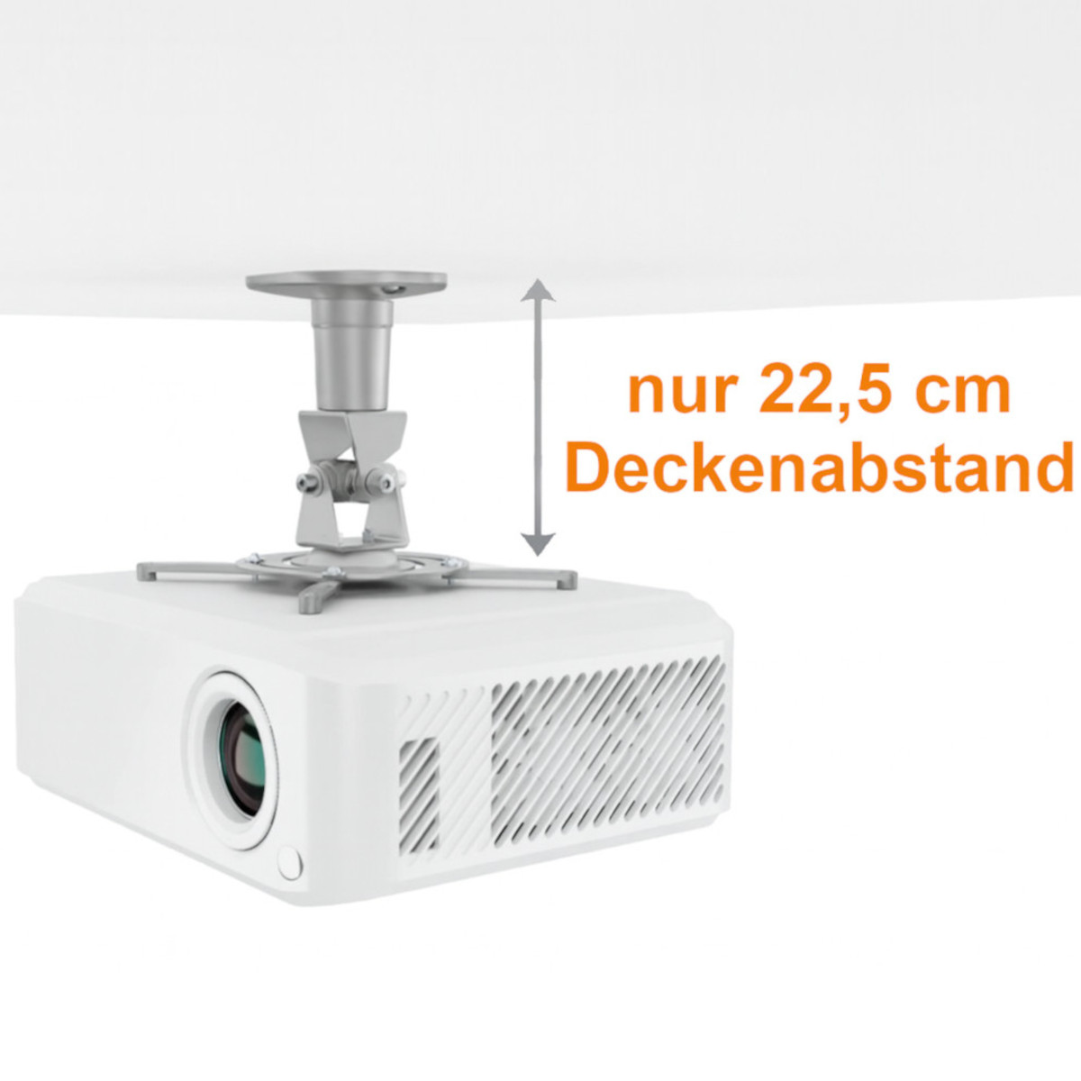 Ein weißer Projektor ist an einer Deckenhalterung montiert. Der Text lautet 'nur 22,5 cm Deckenabstand'.