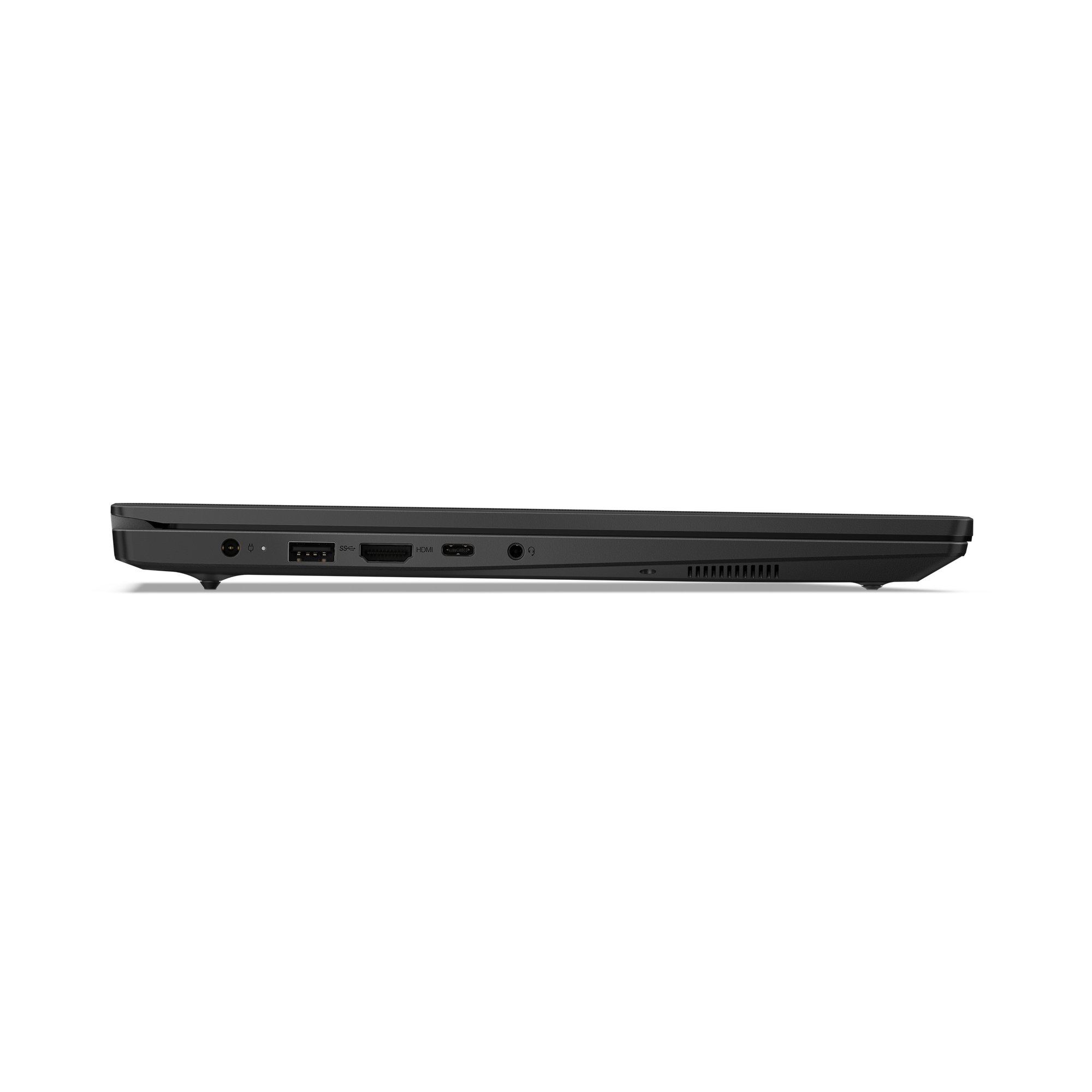 Vista laterale di un laptop nero. Sono visibili porte come USB, HDMI e alimentazione. Lo sfondo è bianco.