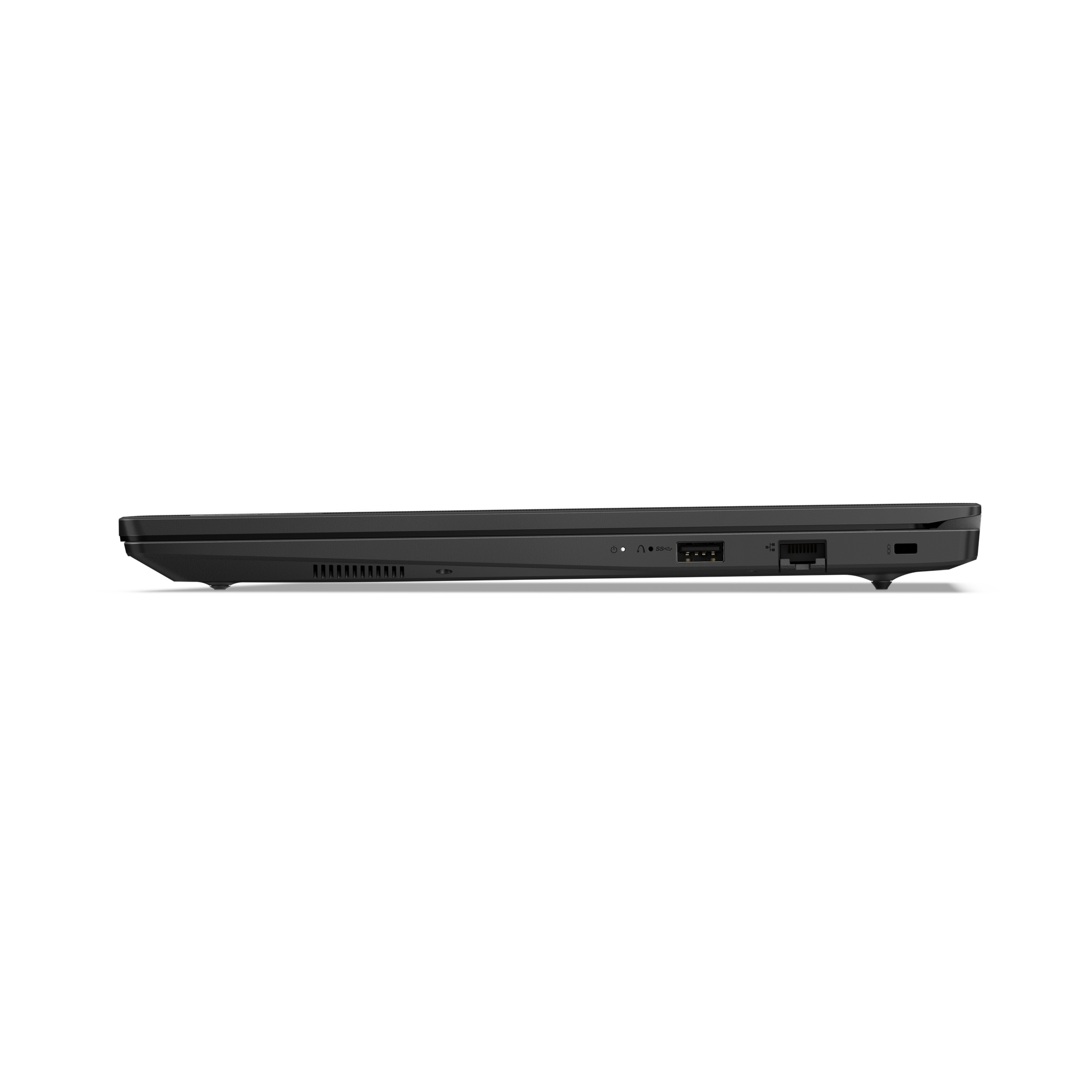 Vista laterale di un laptop nero su sfondo bianco. Porte visibili: USB, Ethernet e audio.