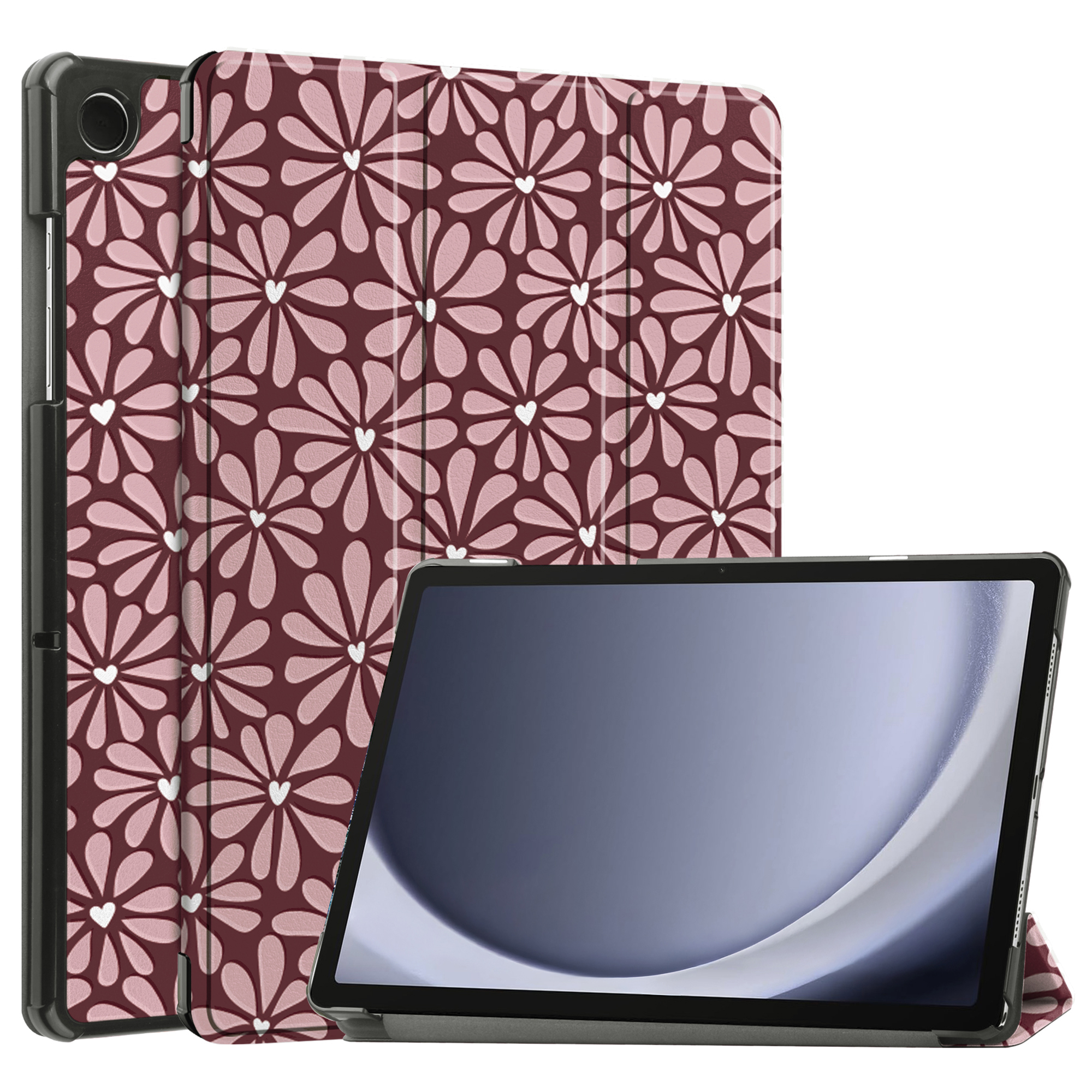 Tablet with a patterned cover. The cover is burgundy with pink floral designs. The tablet screen is visible.
