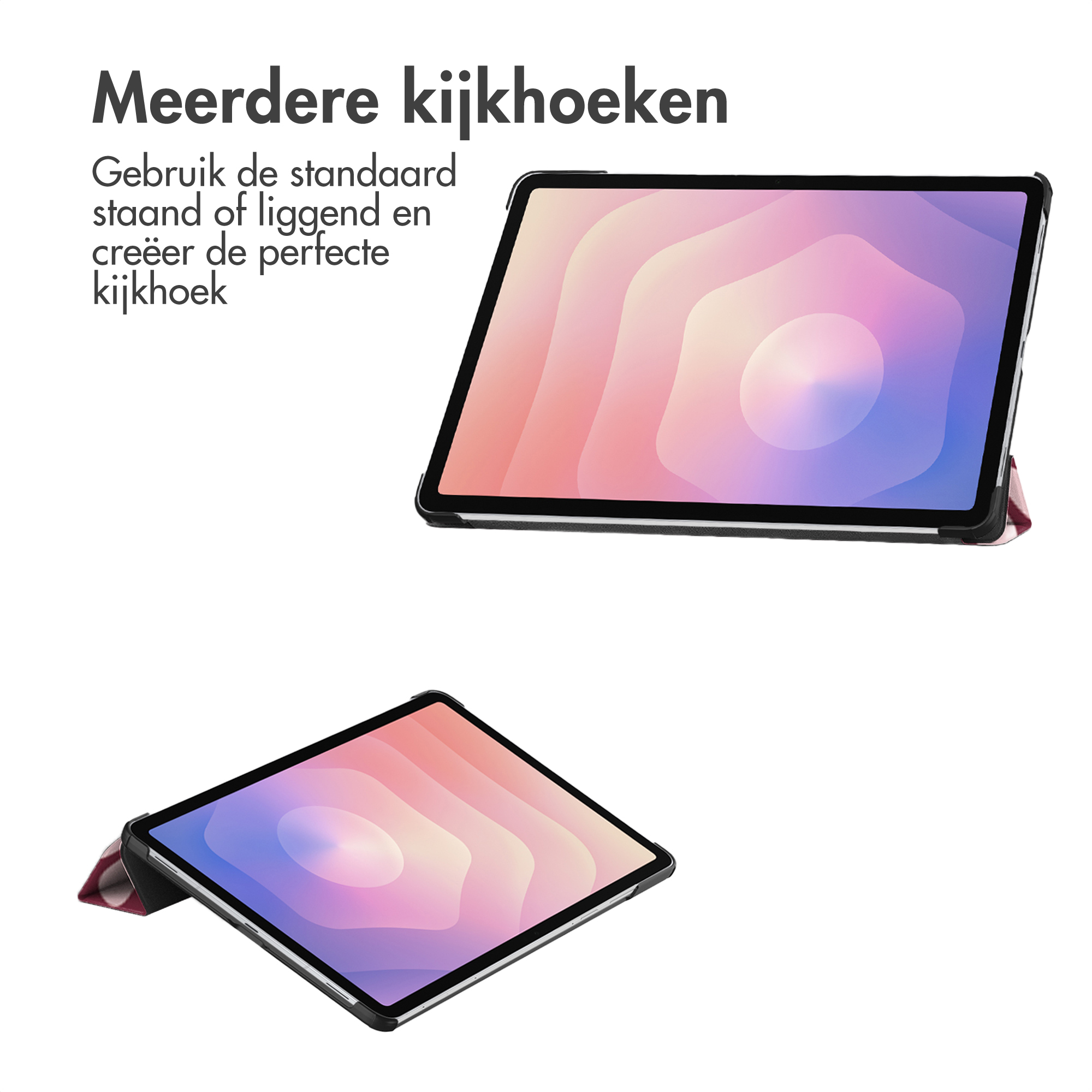 Two tablets on white. One angled up, the other down. Text in Dutch at the top. Tablets have colorful screens.