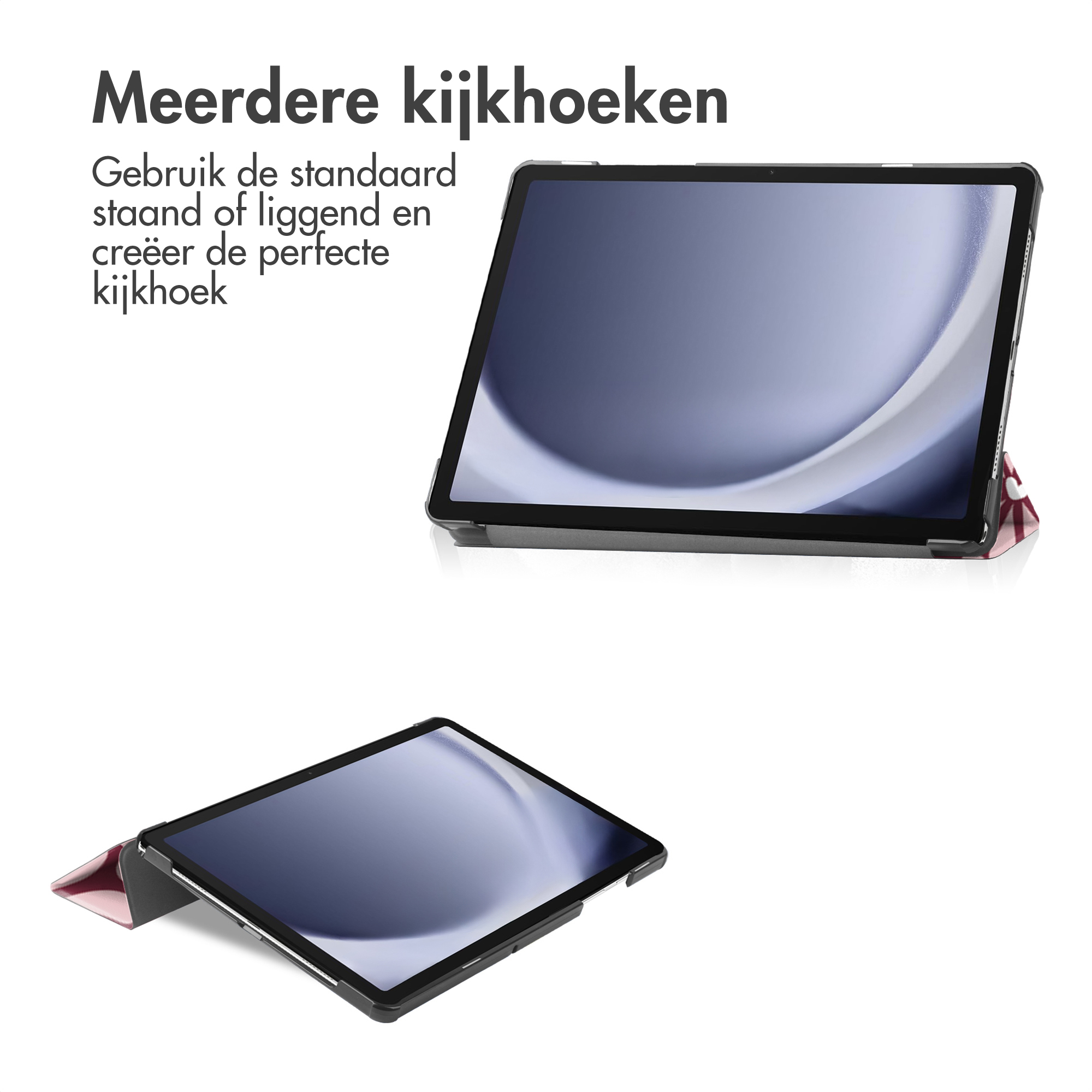 Two tablets with black bezels are displayed. Text in Dutch reads, 'Multiple viewing angles'.