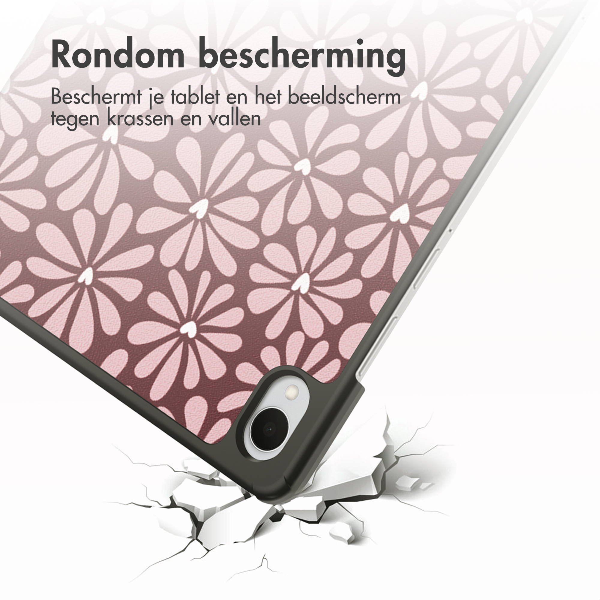 Tablet case with pink floral pattern, falling onto cracked ground. Protects against scratches and falls.