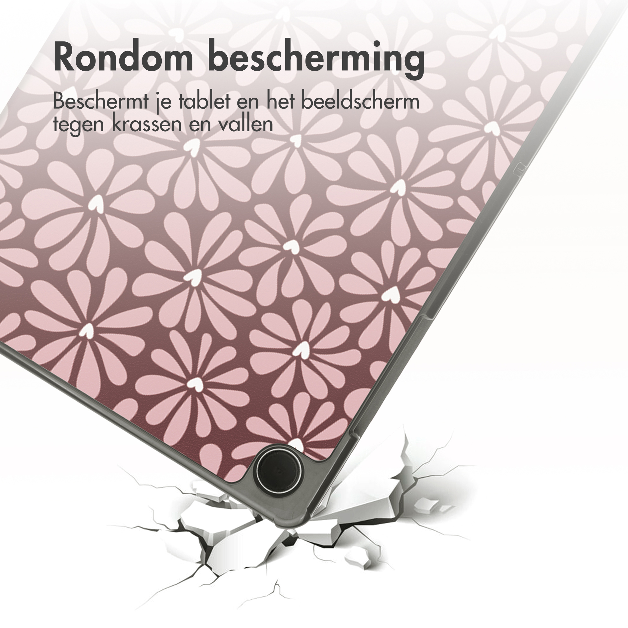 Tablet case with floral pattern, on a cracked surface. Text says 'All-around protection'.