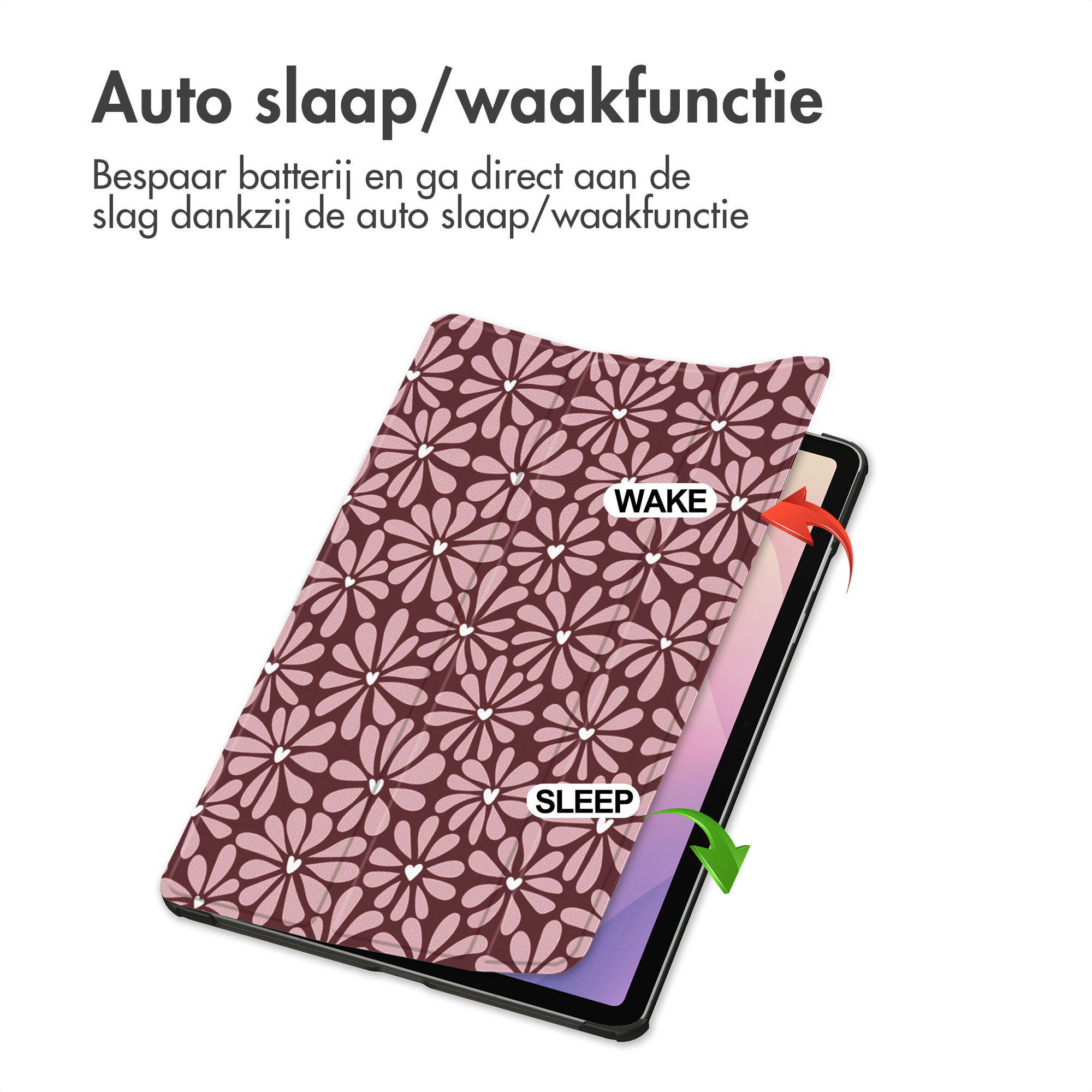 Tablet with floral cover. 'Wake' and 'Sleep' labels, with arrows indicating opening/closing. Text in Dutch.