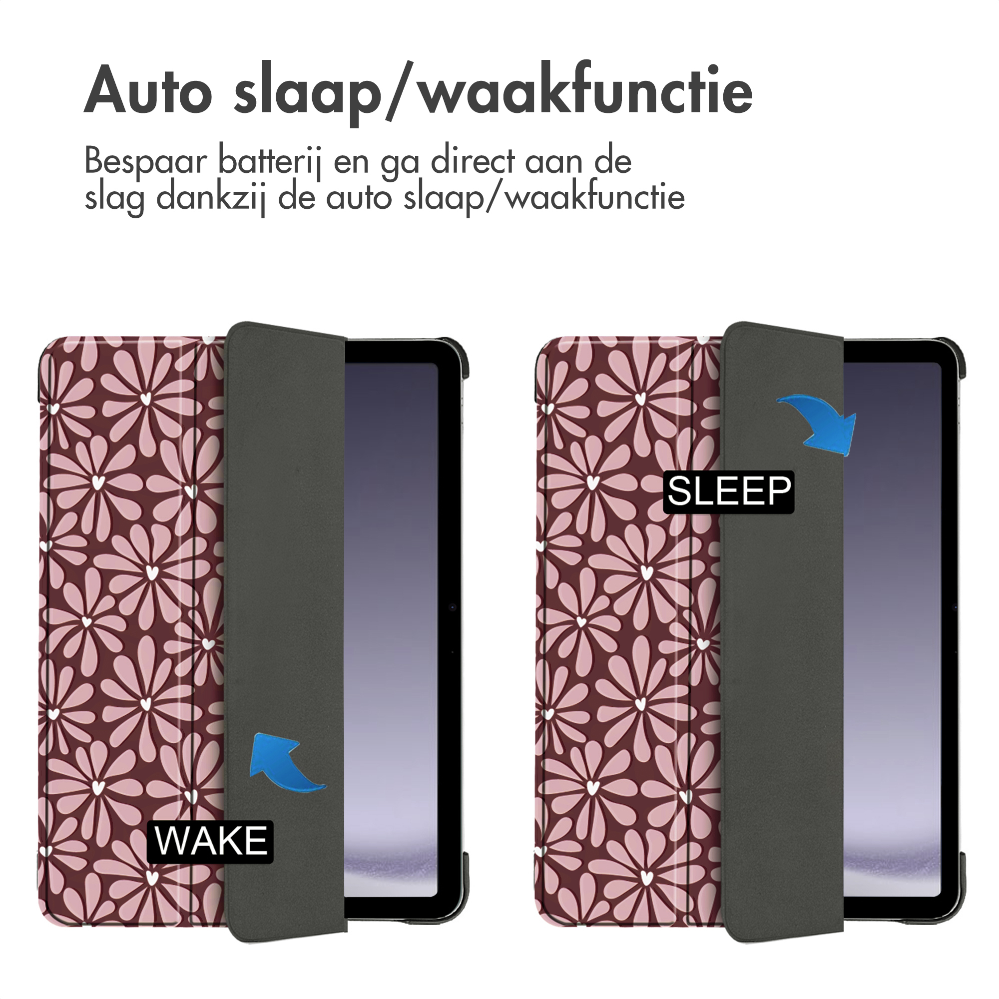 Image shows two tablet covers with floral pattern. Text indicates sleep/wake function.