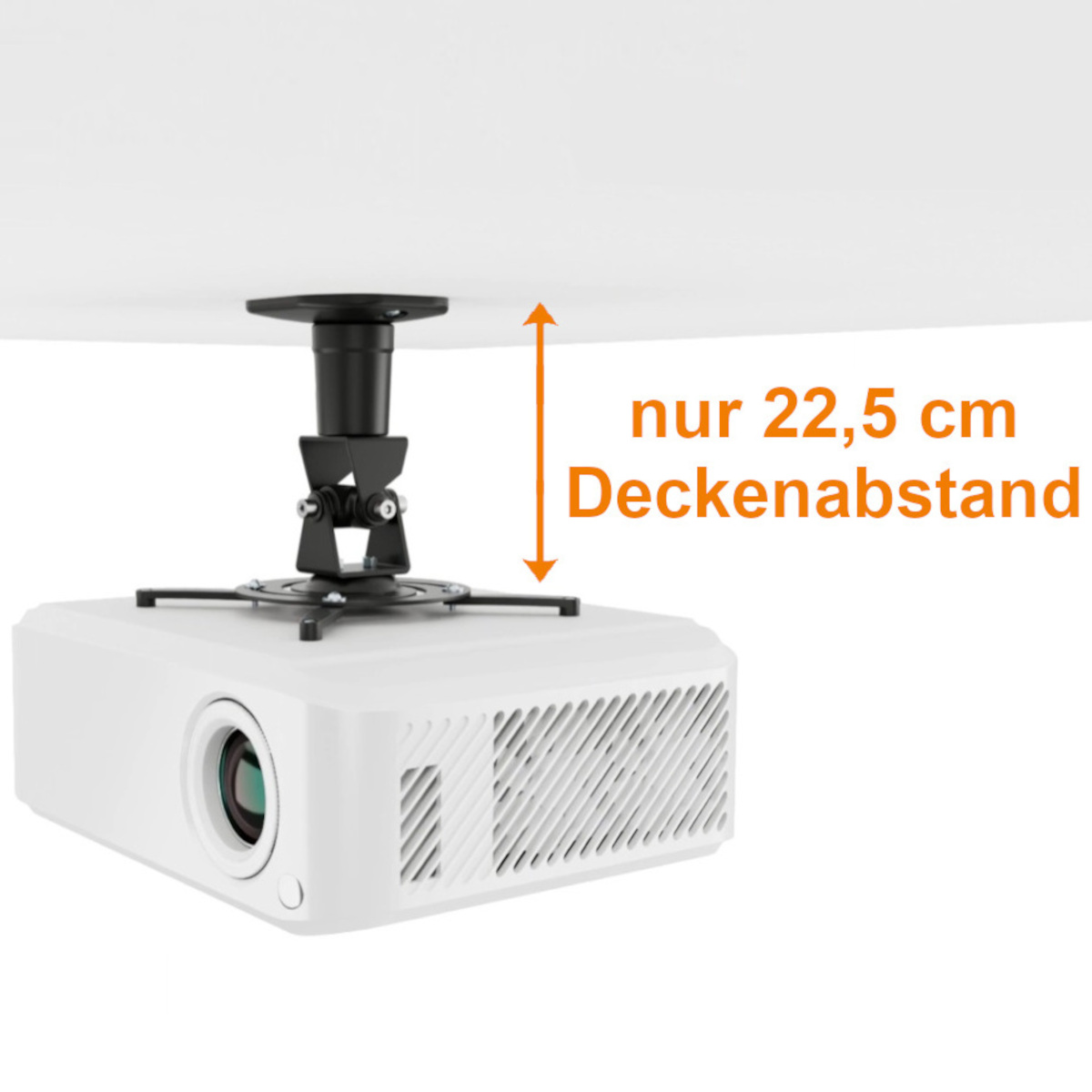 Ein weißer Projektor ist an einer schwarzen Halterung befestigt, die von einer weißen Decke abgehängt ist. Ein orangefarbener Pfeil zeigt 22,5 cm Abstand.