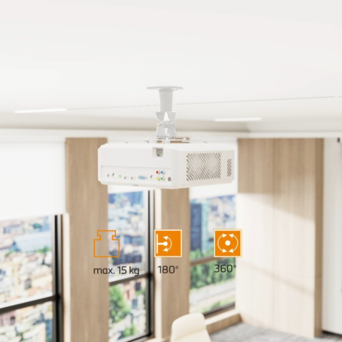 Ein weißer Projektor ist an der Decke montiert. Unter dem Projektor befinden sich Symbole für Gewicht, 180° und 360° Drehung.
