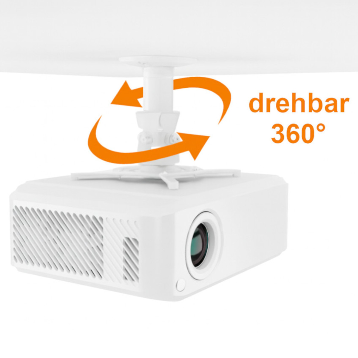 Ein weißer Projektor ist an einer Deckenhalterung montiert. Orangefarbene Pfeile zeigen eine 360-Grad-Drehung an. Der Text 'drehbar 360°' ist sichtbar.