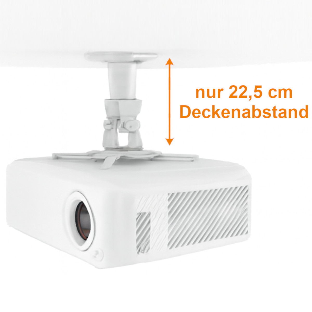 Ein weißer Projektor ist mit einer Halterung an der Decke befestigt. Ein orangefarbener Pfeil zeigt 22,5 cm Abstand.