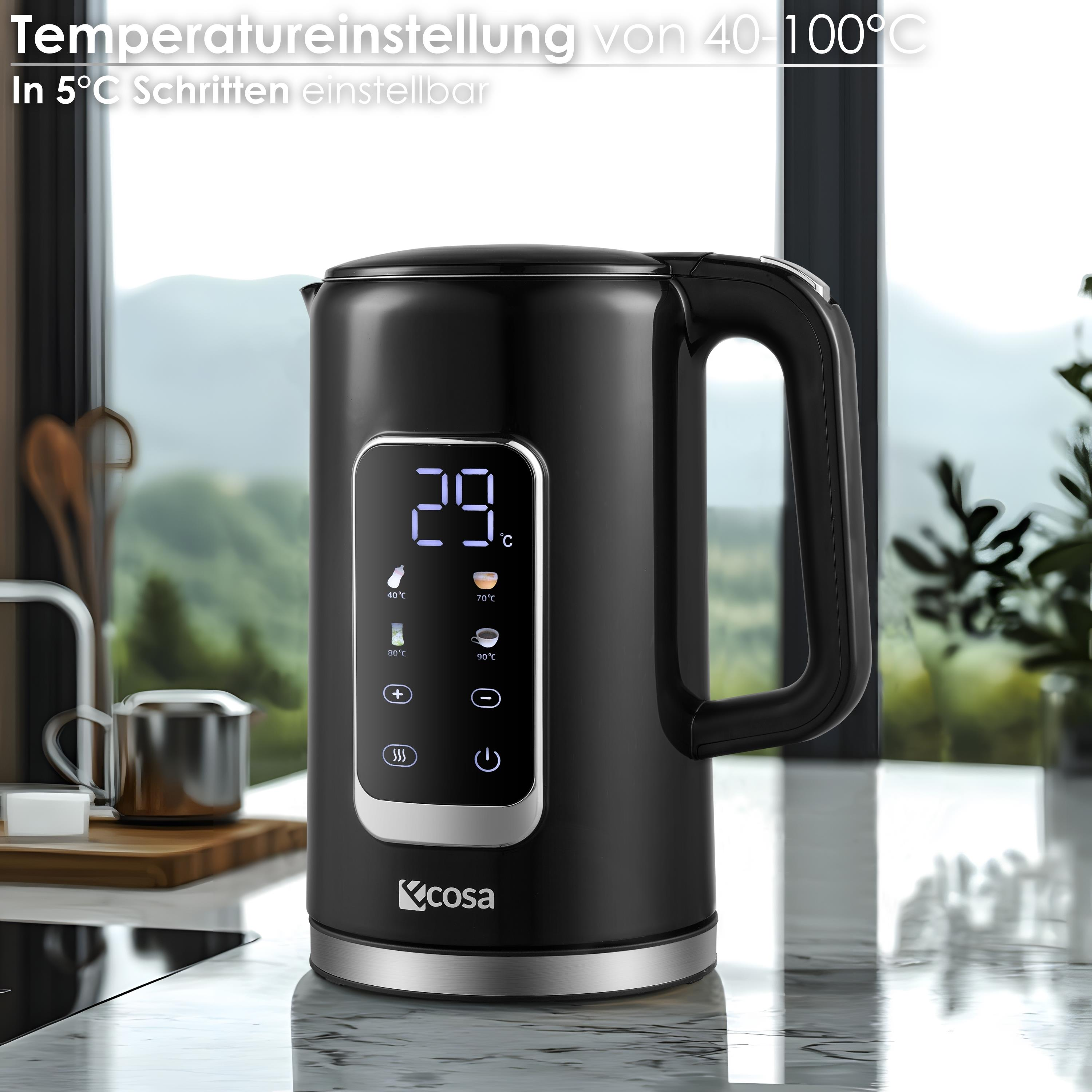 Ein schwarzer Wasserkocher mit LCD-Anzeige. Er steht auf einer Marmoroberfläche, im Hintergrund verschwommen.