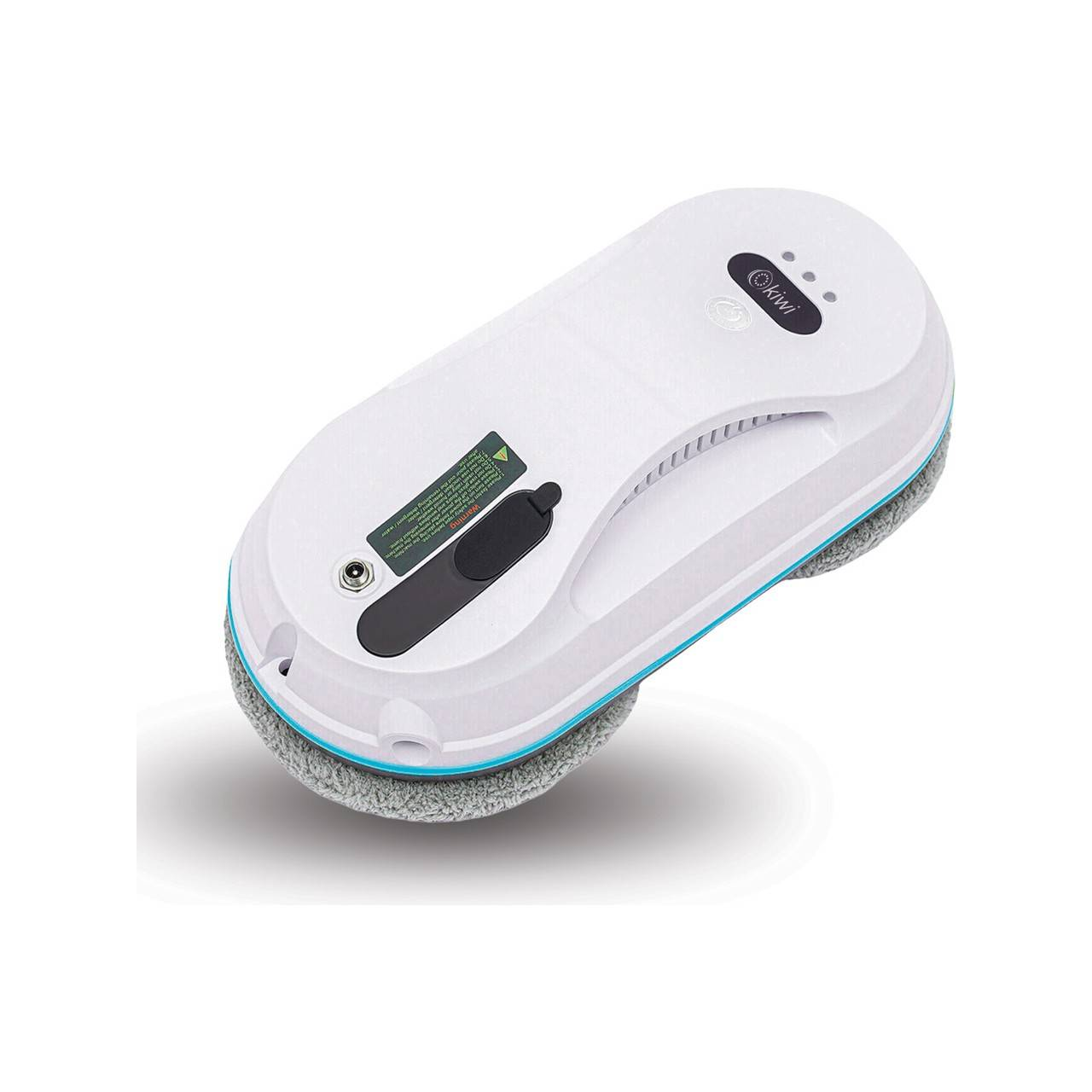 Beyaz Kiwi cam temizleme robotu. Gri bir pedi, mavi süsü ve siyah bir tutacağı var. Arka plan beyaz.