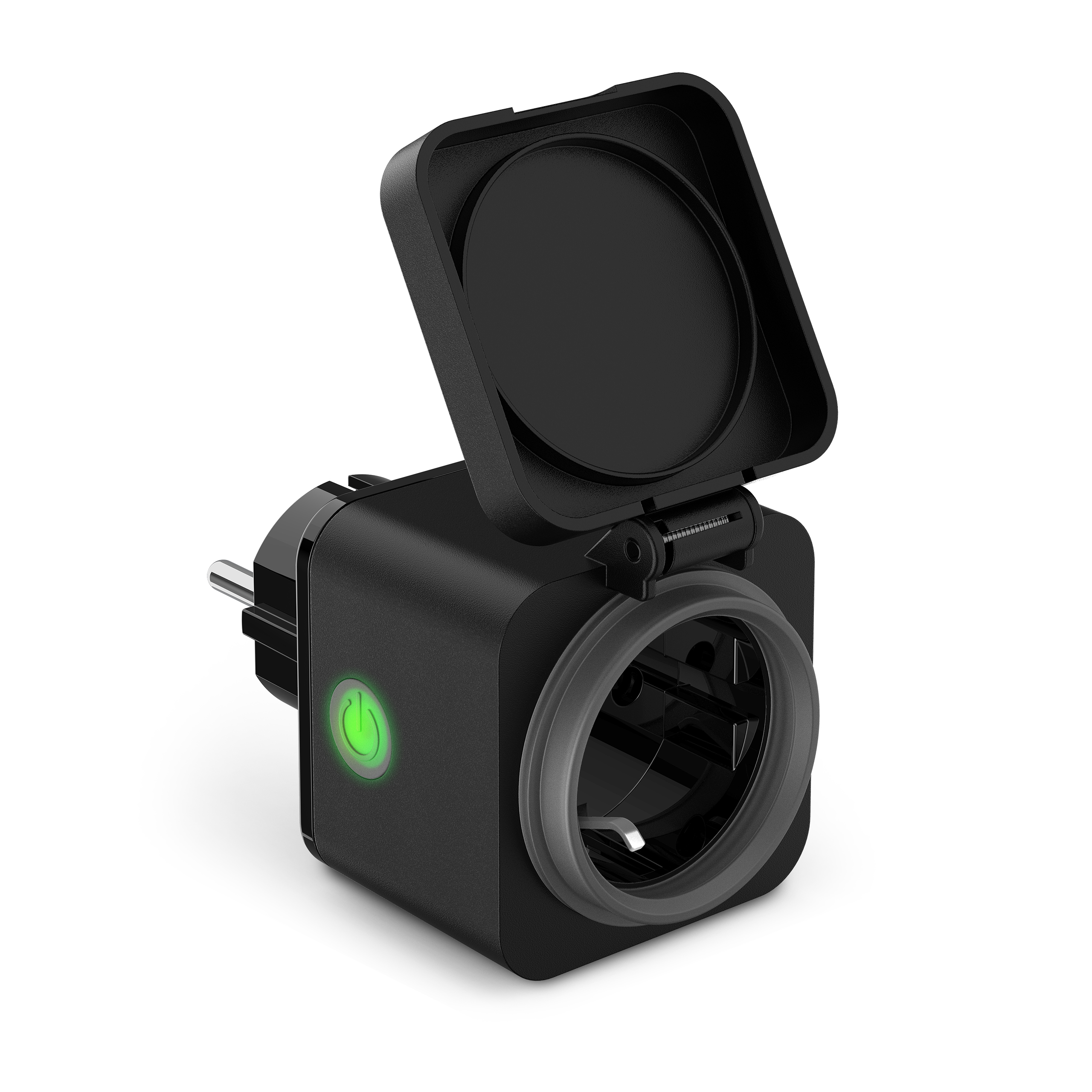 Black smart plug with open cover. Green power indicator. White background.