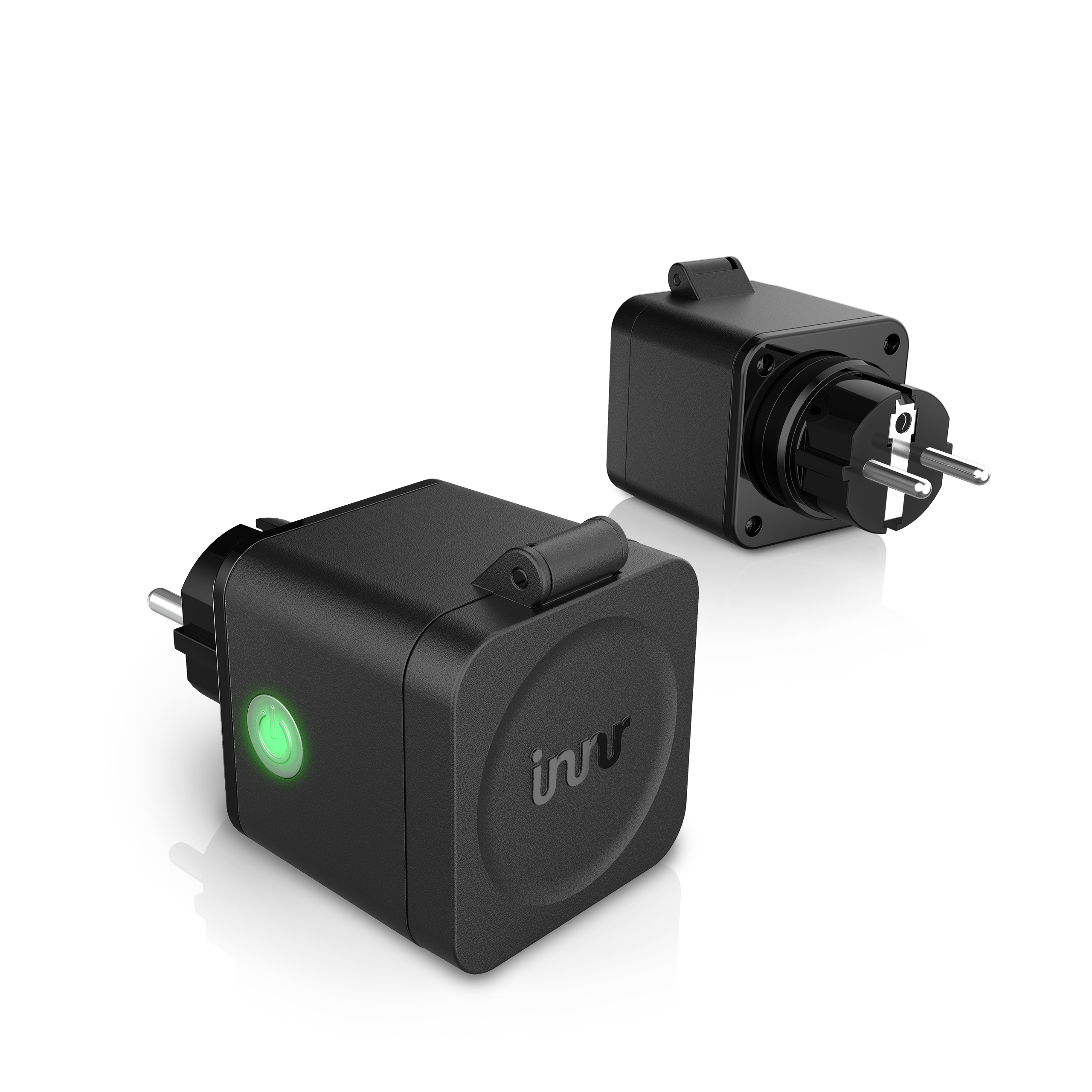 Two black smart plugs. One shows a green light and the brand name. The other one has the plug exposed.