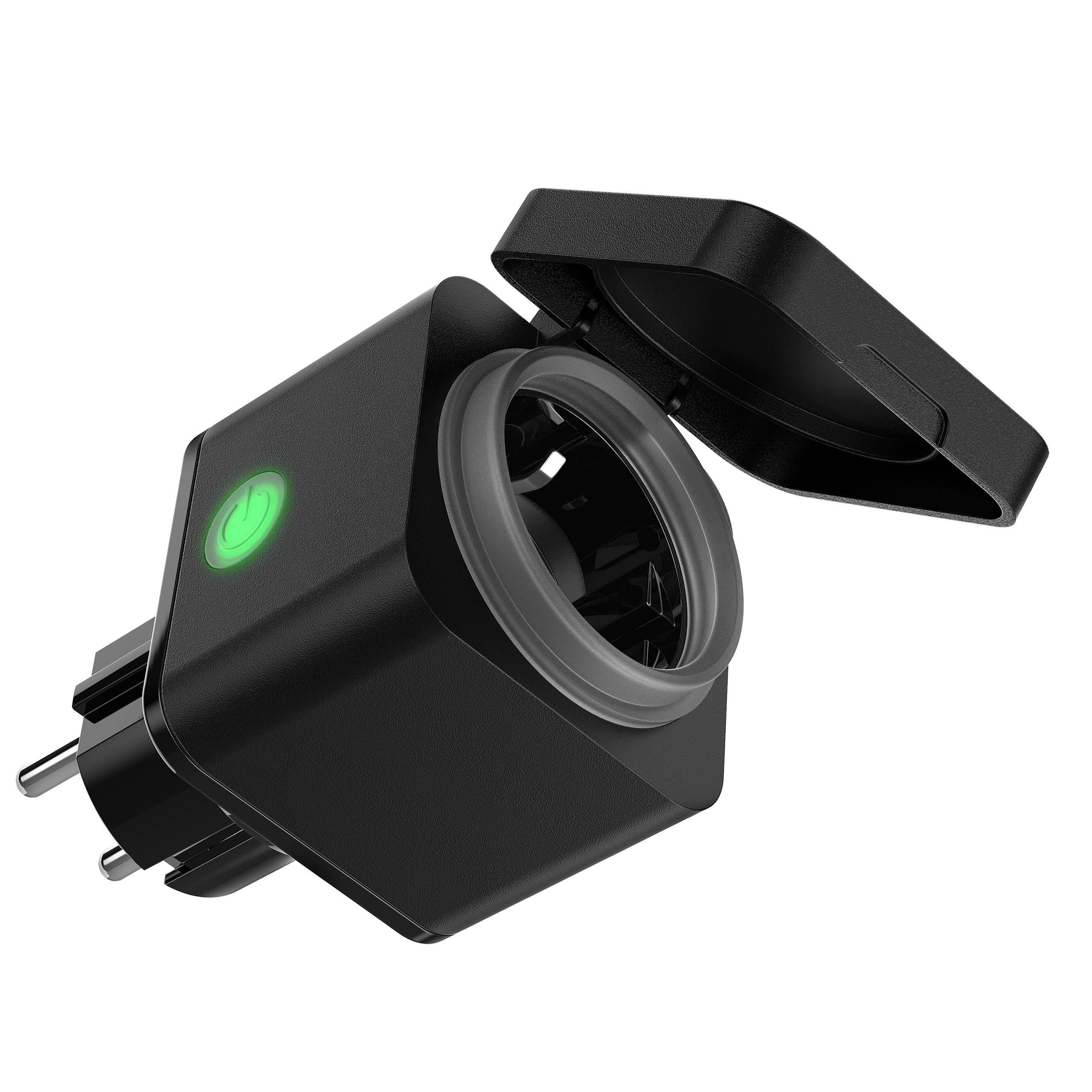 Black outdoor smart plug. The cover is open. A green light is on. EU plug.