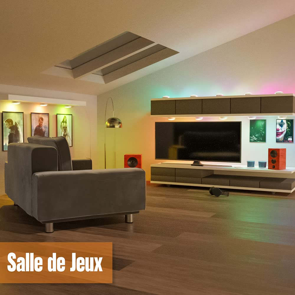 Wohnzimmer mit Sofa, TV, Lautsprechern und Kunstwerken. Dekorative Beleuchtung und Holzboden. Text 'Salle de Jeux' unten.