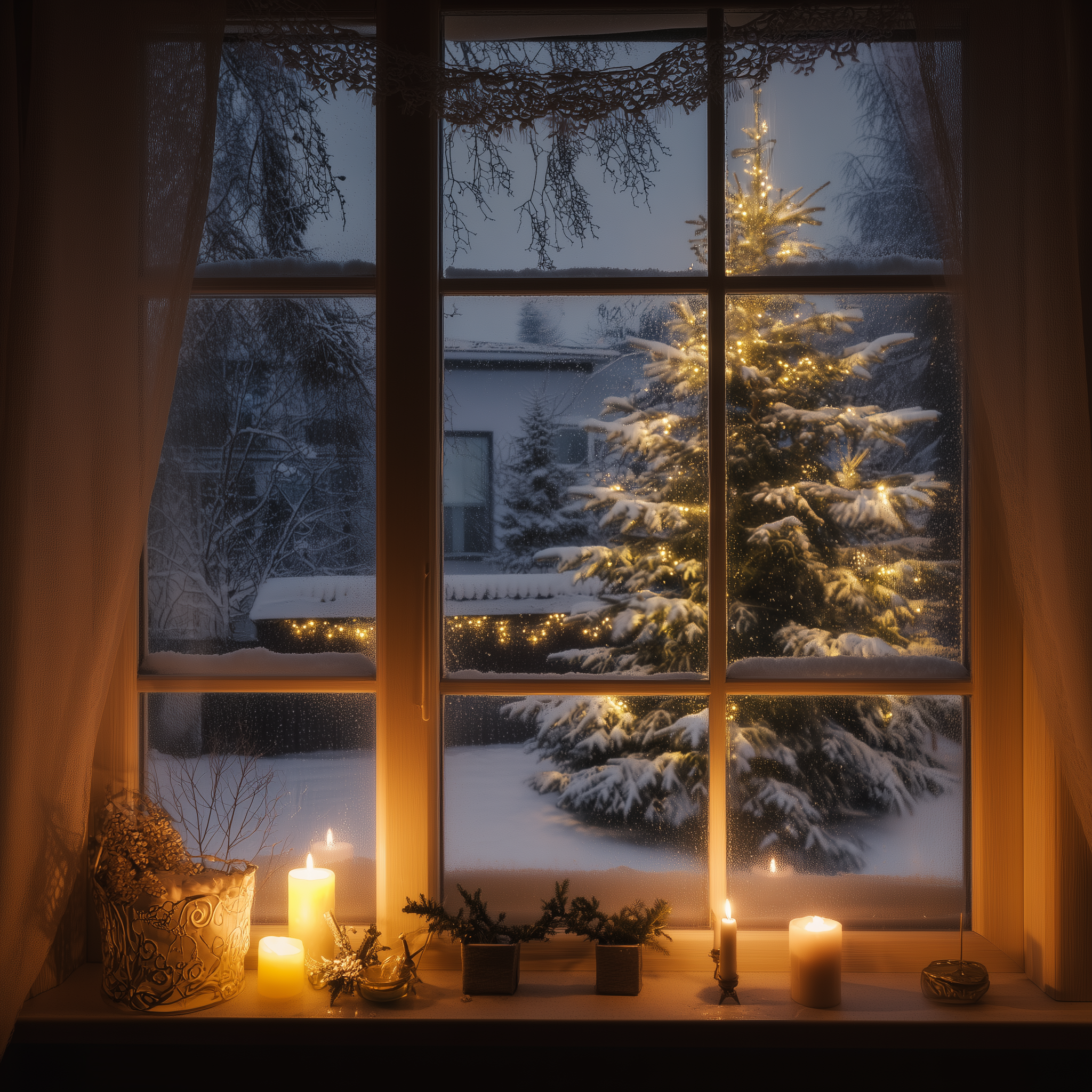 A window scene shows a snowy landscape. A lit Christmas tree and candles are visible inside. The scene is warm and festive.