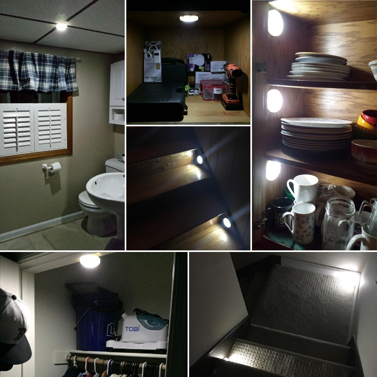 Eine Collage zeigt verschiedene Szenen, die von kleinen Lichtern beleuchtet werden: ein Badezimmer, ein Schrank mit Werkzeugen, ein Schrank mit Geschirr, Treppen, ein Schrank und eine Schublade.