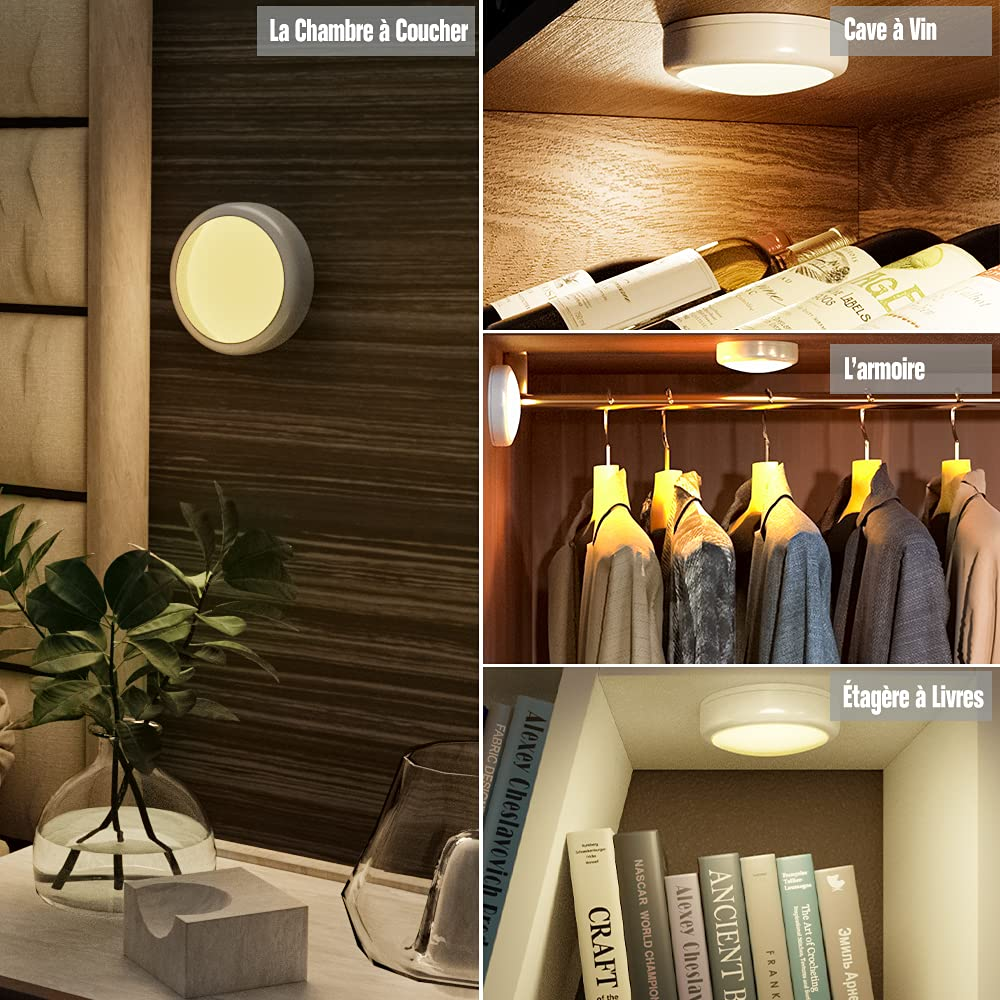 Das Bild zeigt eine Nachttischlampe, einen Weinkeller, einen Kleiderschrank und ein Bücherregal, alle mit ähnlichen LED-Leuchten.
