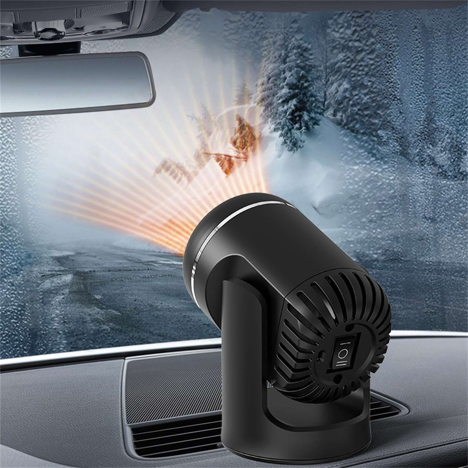 Schwarze Autoheizung auf dem Armaturenbrett. Warme Luft wird auf die verschneite Windschutzscheibe projiziert.