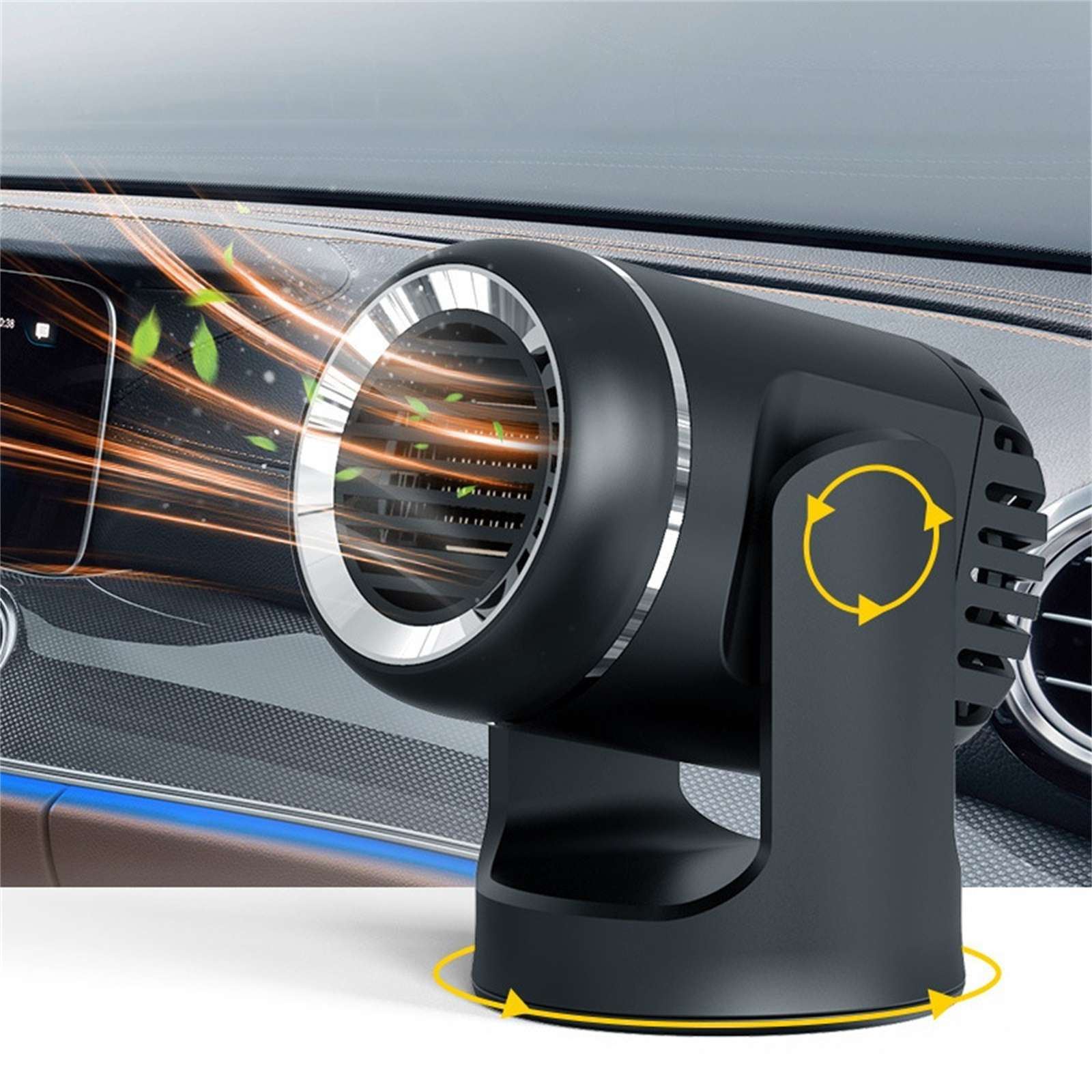 Schwarzer Auto-Lüfter mit silbernem Ring, gelben Pfeilen, grünen Blättern und orangefarbenem Luftstrom.