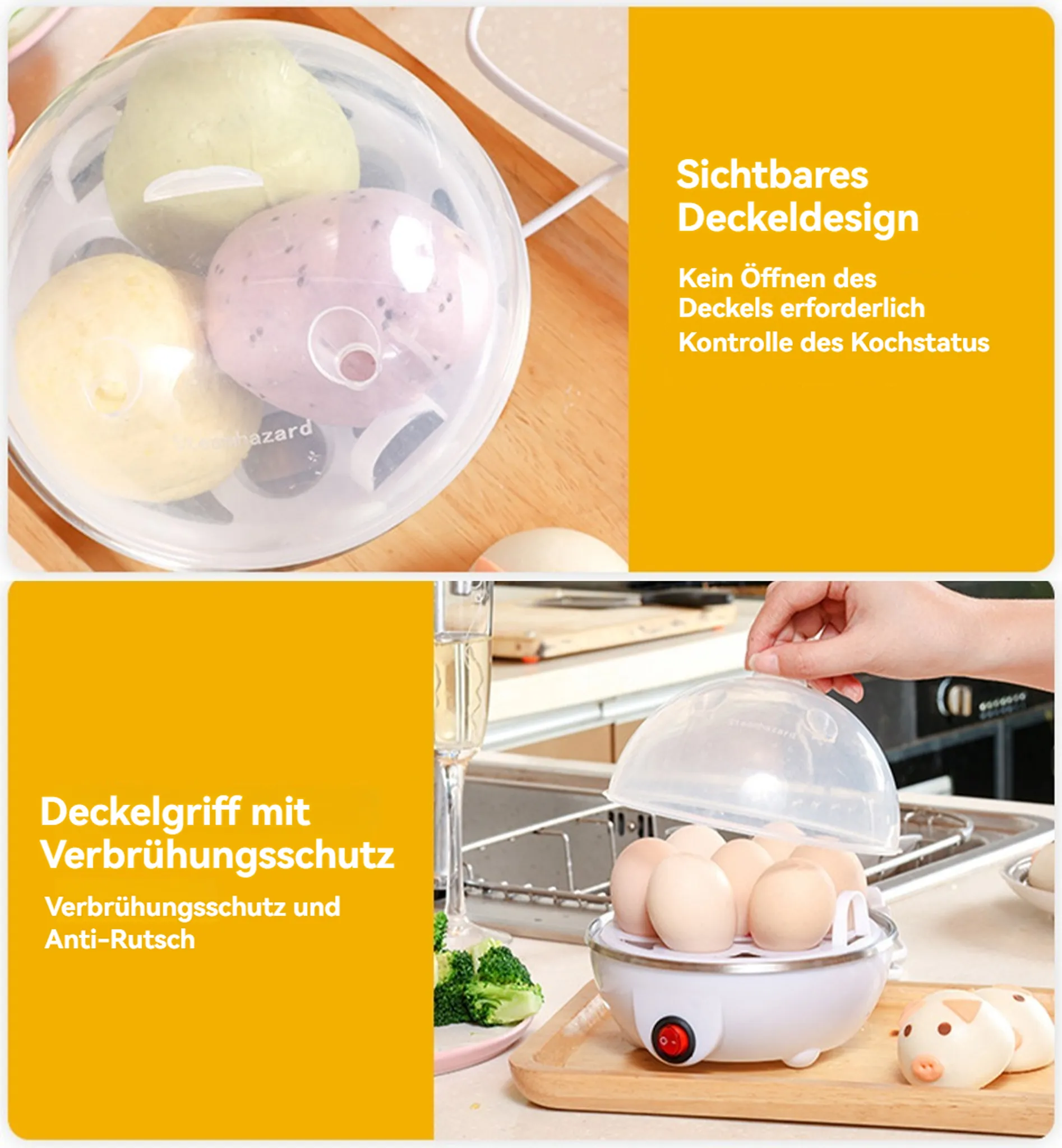 Das Bild zeigt einen Dampfgarer mit Brötchen und einen Eierkocher mit Eiern. Text beschreibt Merkmale wie sichtbaren Deckel.