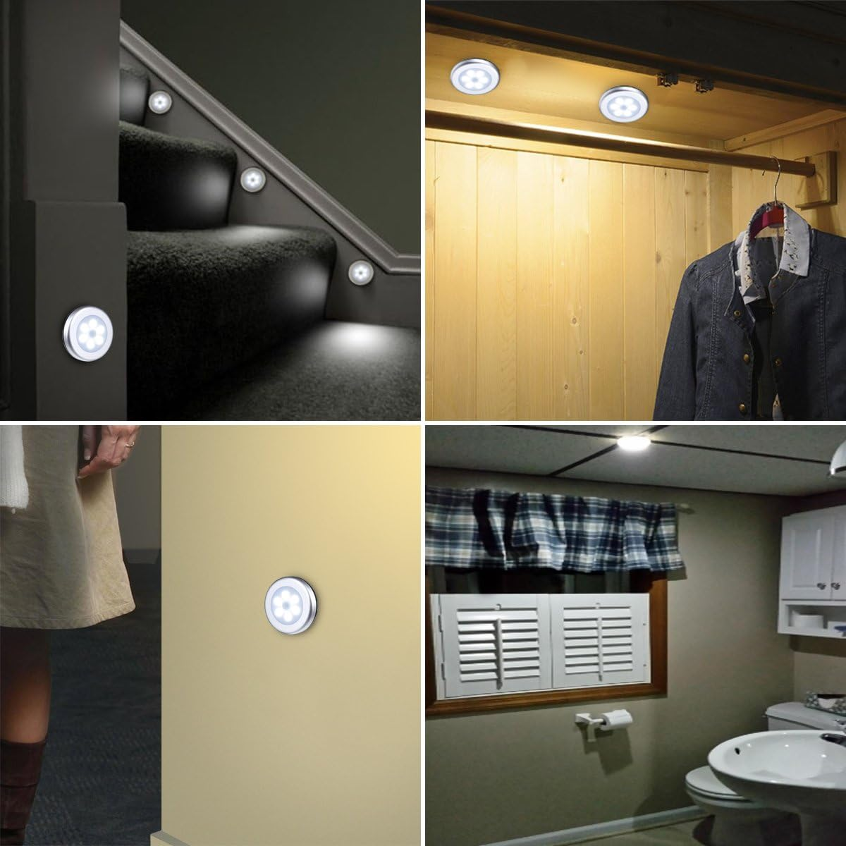 Vier Szenen zeigen installierte LED-Leuchten. Treppe, Schrank mit Jacke, Wand mit Bein und Licht, Badezimmer mit Fenster.