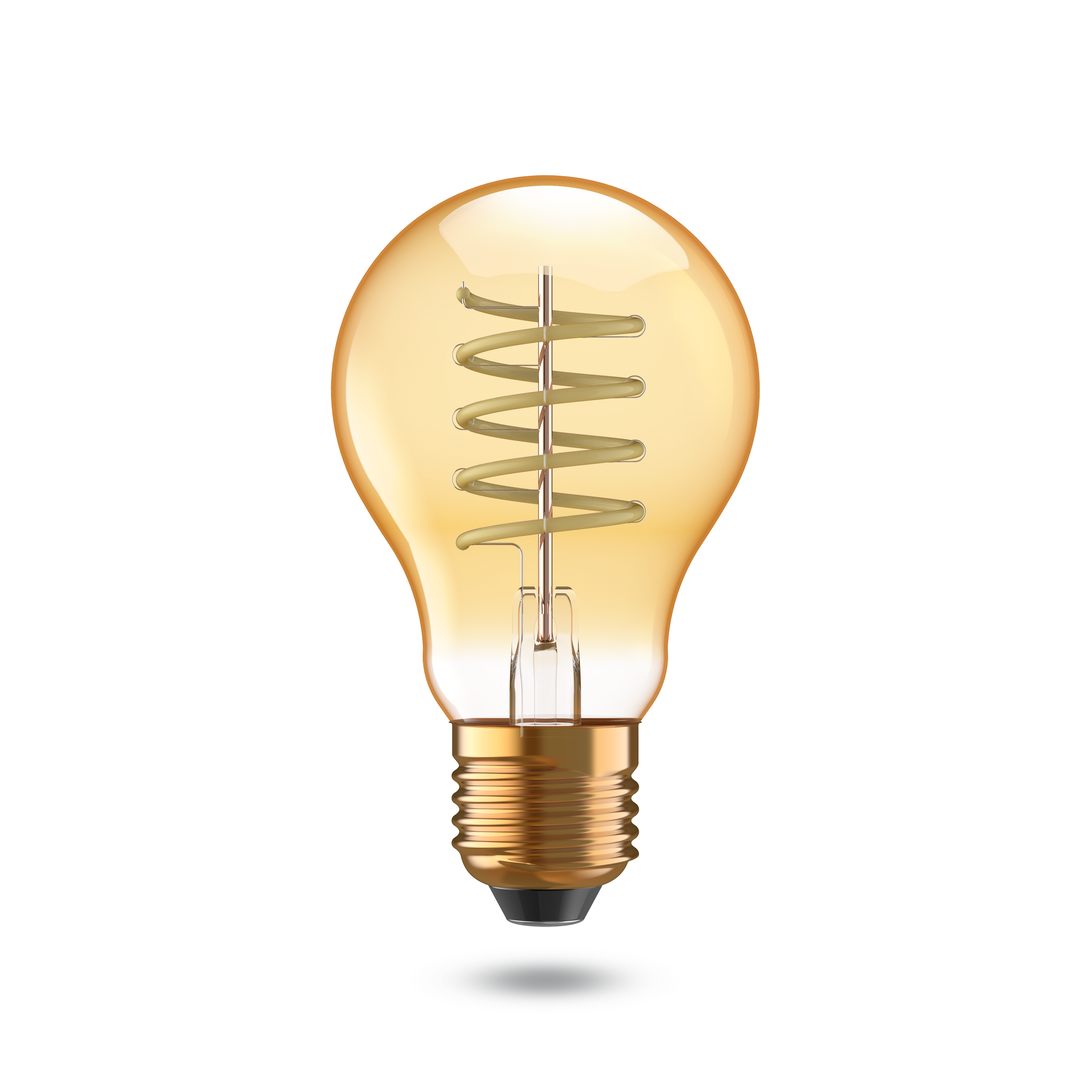Une ampoule dorée avec filament en spirale, sur fond noir. Le socle est également doré.