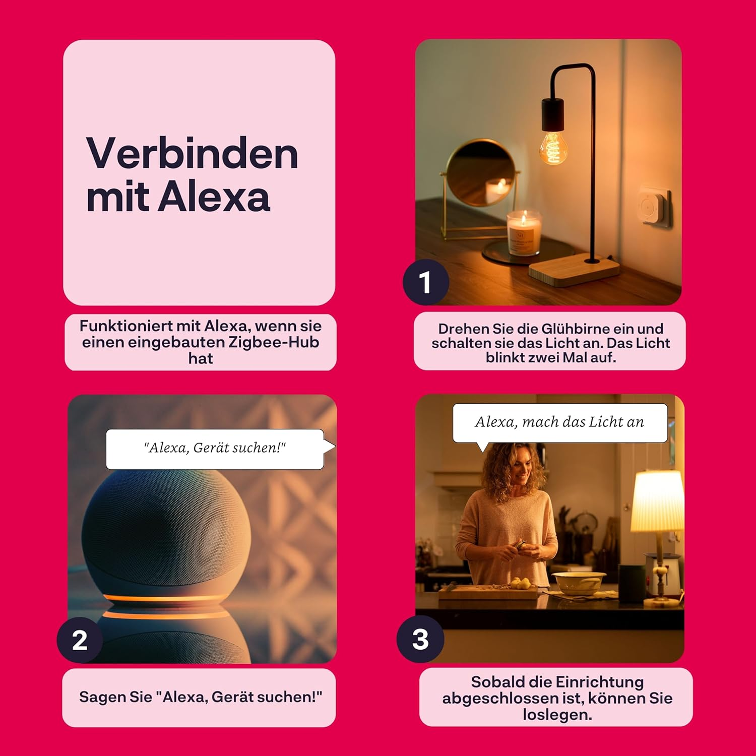 Un graphique montrant comment se connecter à Alexa. Il contient des images d'une lampe, d'un appareil Echo et d'une femme dans une cuisine.