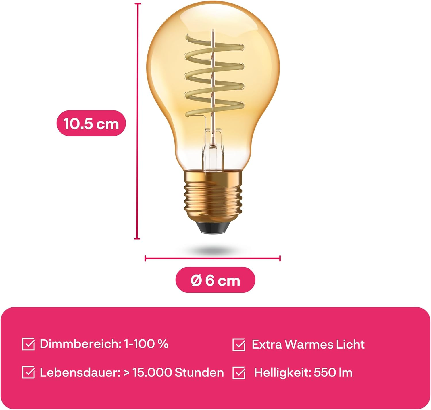 Une ampoule décorative avec filament en spirale. Les dimensions sont indiquées. Des informations sur la plage de gradation, la durée de vie et la luminosité sont également présentes.