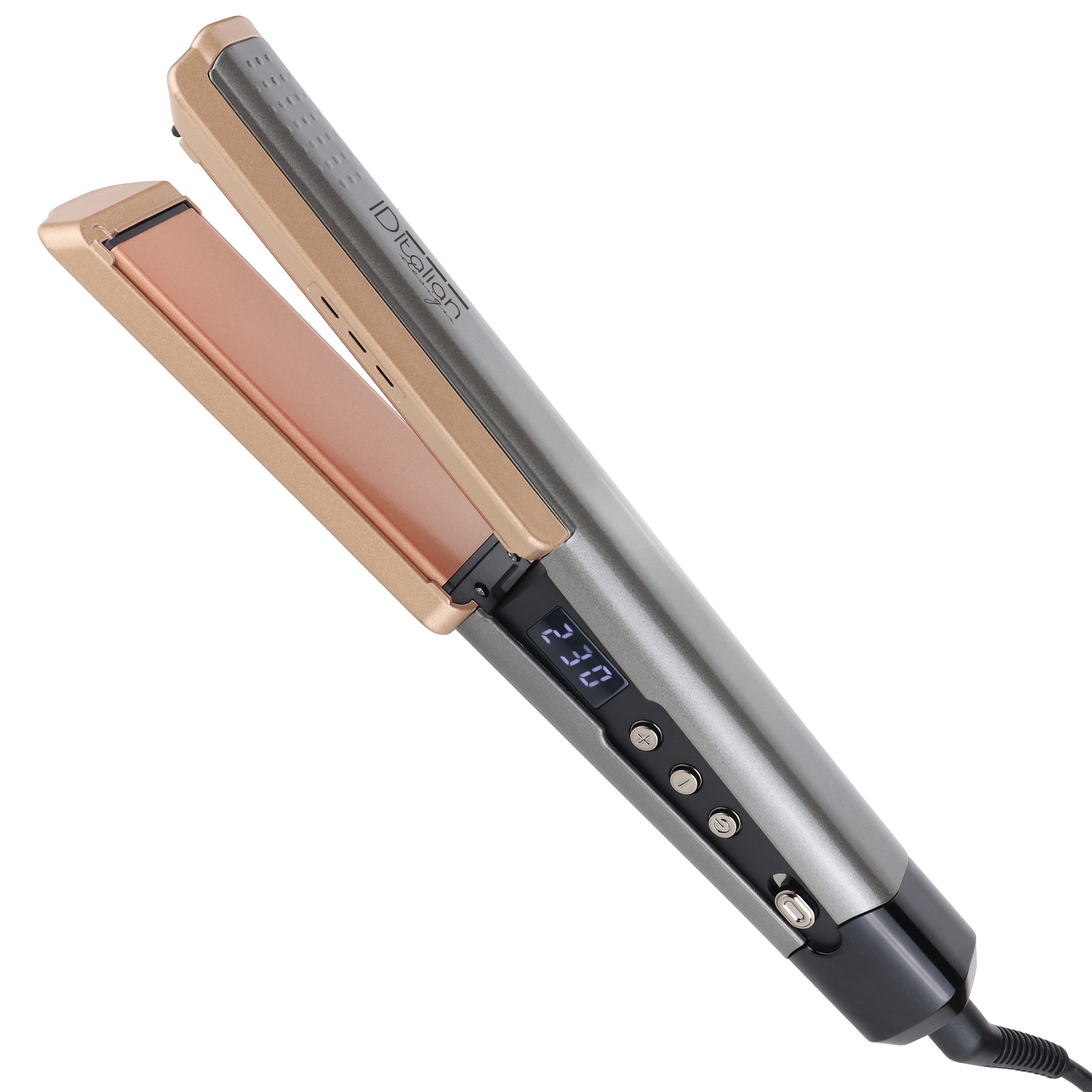 Szaro-złota prostownica do włosów jest ustawiona pod kątem. Prostownica jest otwarta, ukazując różowo-złotą płytkę grzewczą. Ekran wyświetla 230.