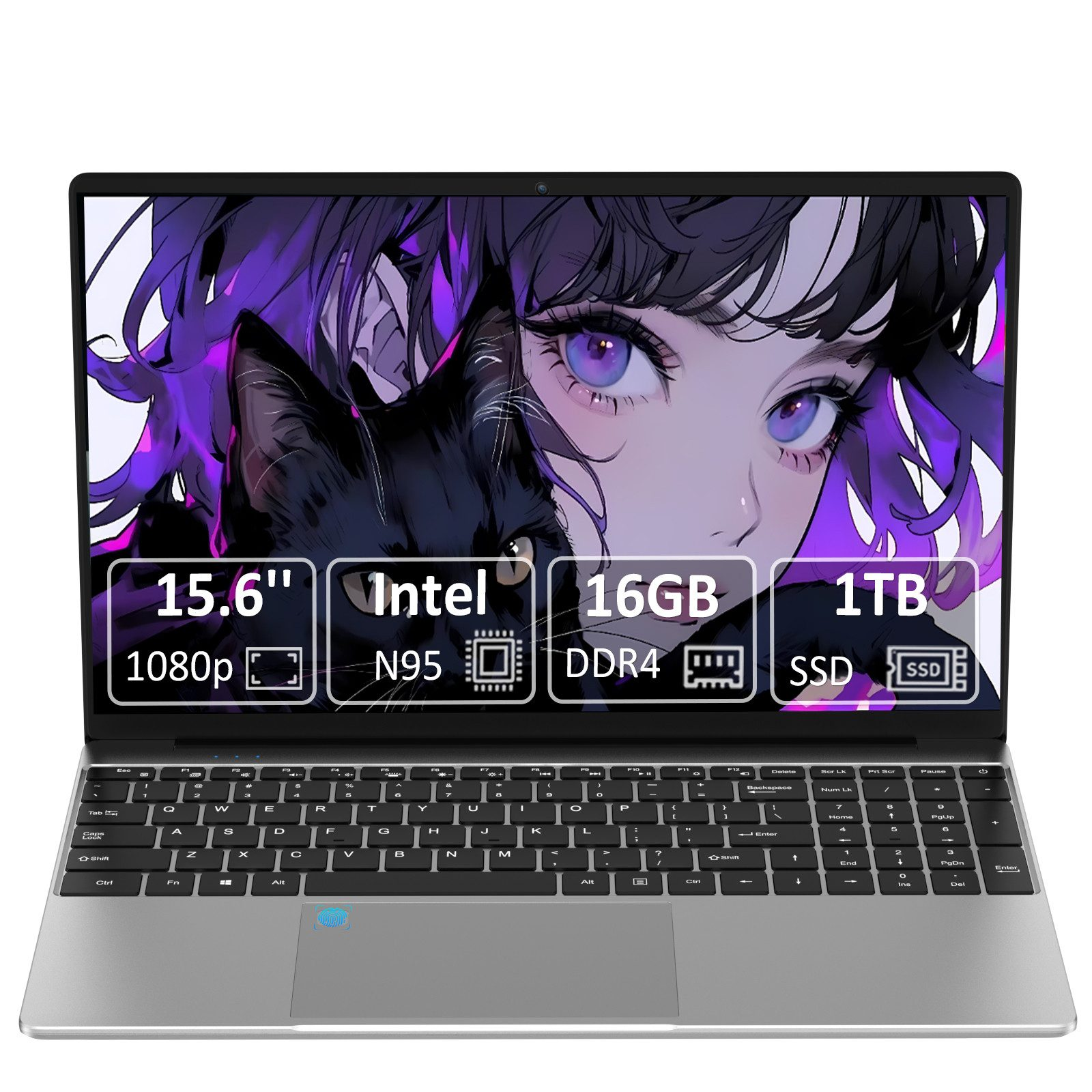 Laptop mit Anime-Kunst auf dem Bildschirm. Spezifikationen: 15,6", Intel N95, 16GB RAM und 1TB SSD.